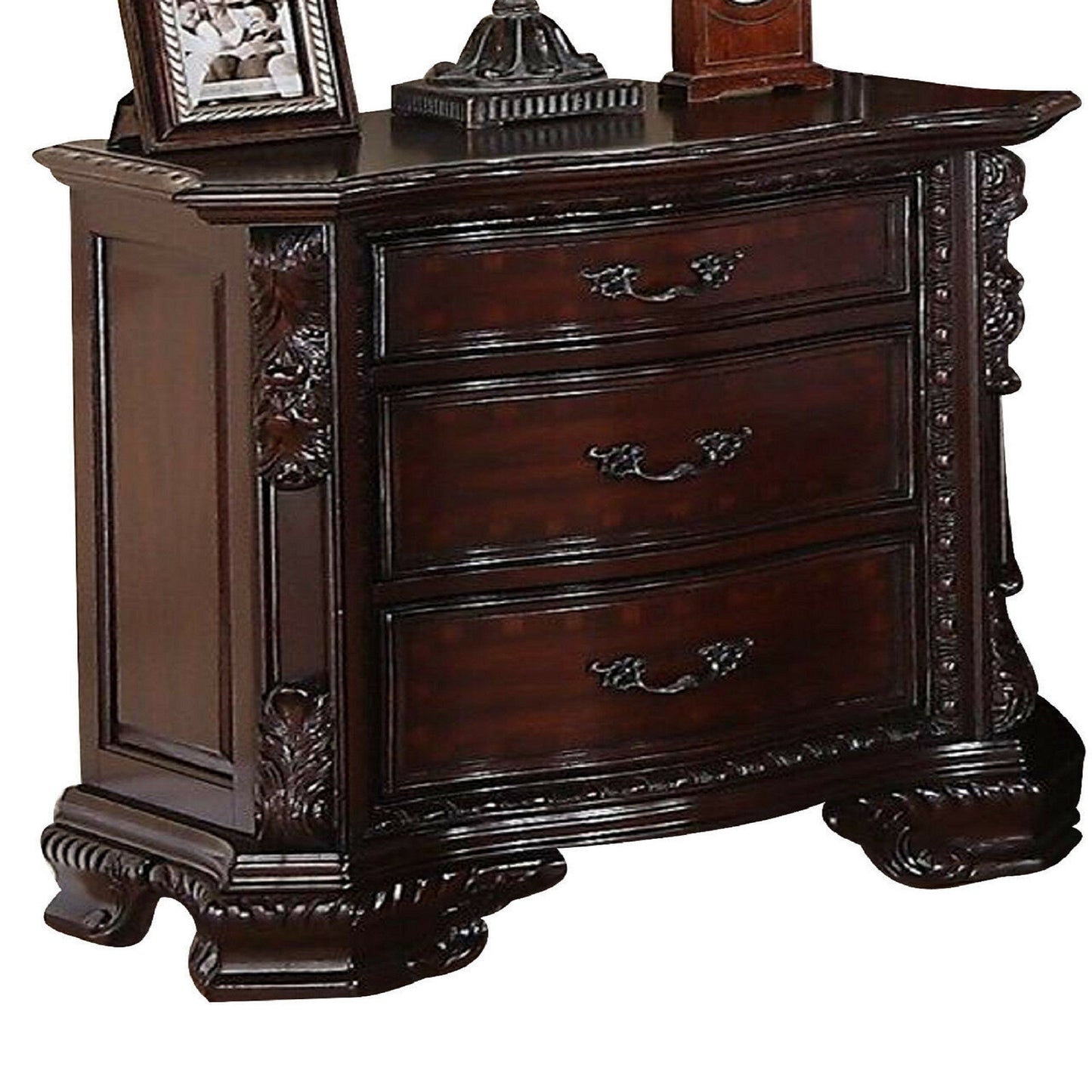 1pc Traditional Nightstand End Table with Three Storage Drawers Brown Cherry Decorative Drawer Pulls Solid Wood Bedroom Furniture