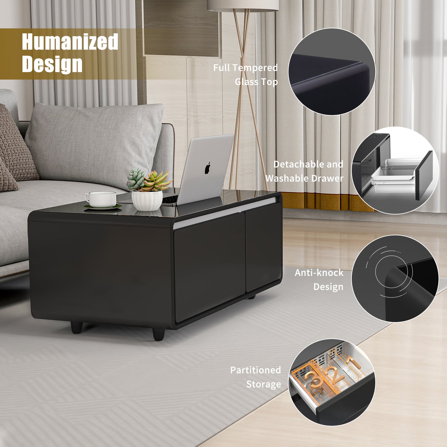 Black Smart Coffee Table with Refrigerated Storage, Wireless Charging, and Power Outlets