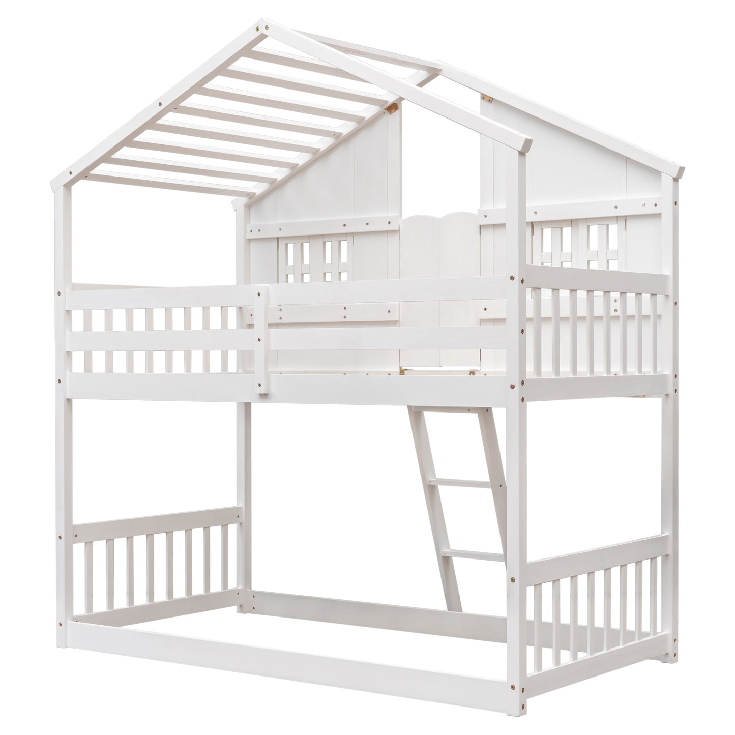 Cabin Inspired Kids' White Bunk Bed with Roof, Window, and Door