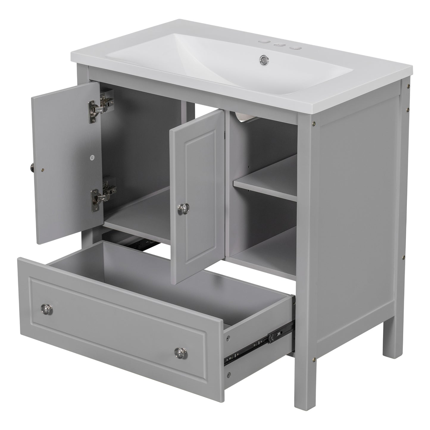 30" Bathroom Vanity with Sink, Bathroom Storage Cabinet with Doors and Drawers, Solid Wood Frame, Ceramic Sink, Grey