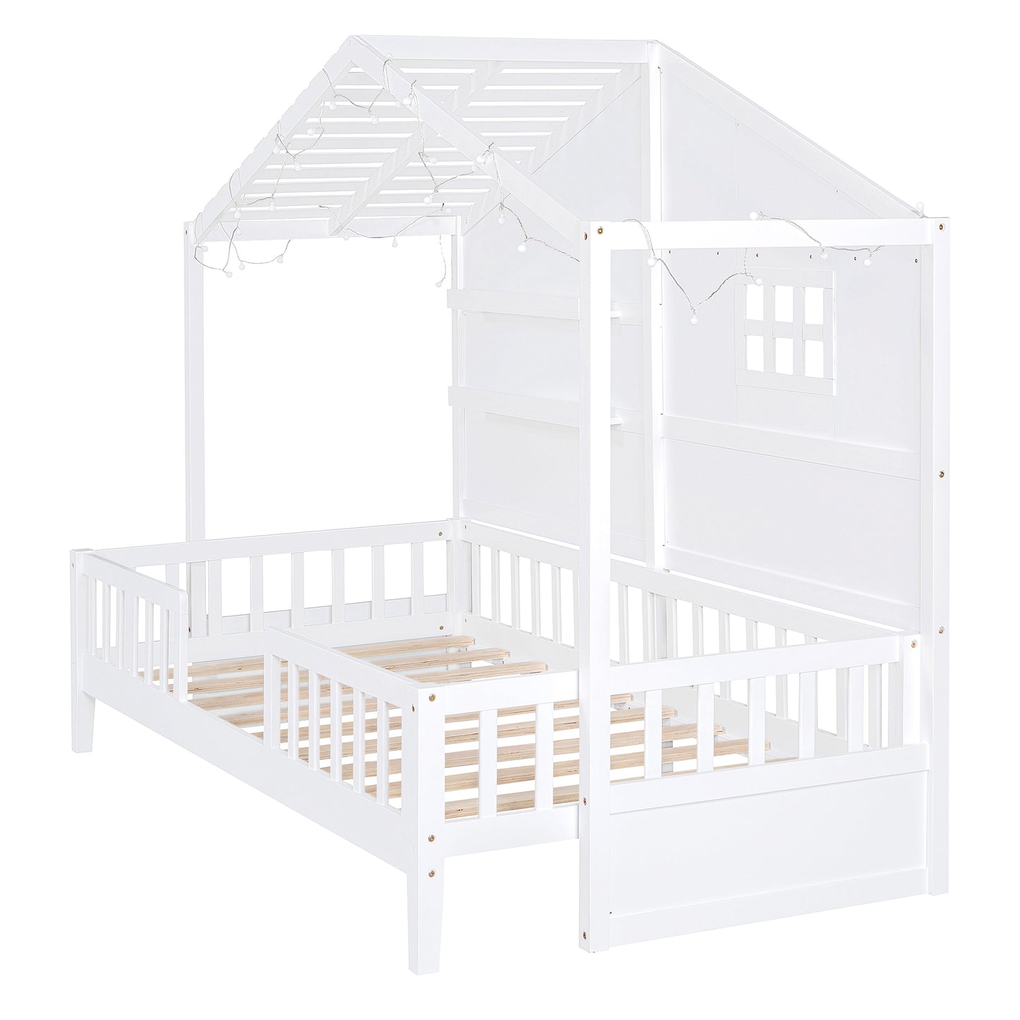 Twin Size House Bed with Shelves, House Bed with Window and  Sparkling Light Strip on the Roof, White