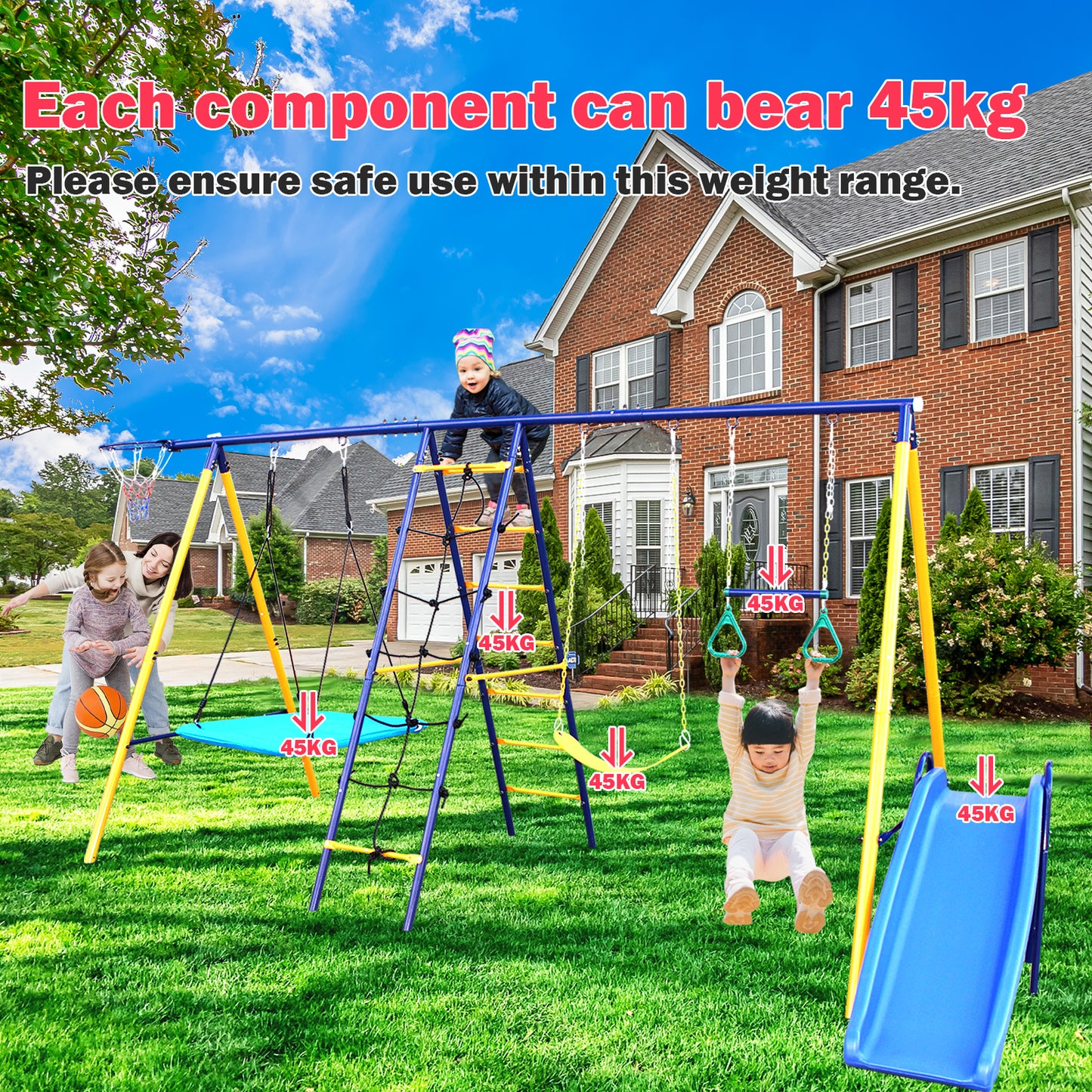 Outdoor 7 in 1 Heavy-Duty Metal Swing Set for Kids - A-Frame with Slide, 2 Swing Seats, Climbing Net, Ladder, Gym Ring, Basket