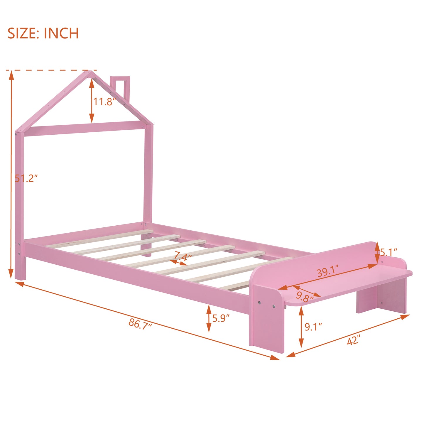 Twin Size Wood Platform Bed with House-shaped Headboard and Footboard Bench,Pink