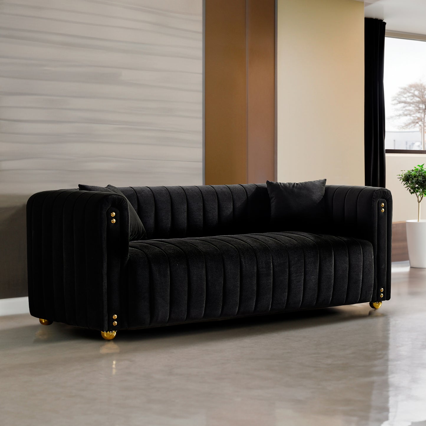 79.92 Black Channel Tufted Velvet Sofa with Generous Padding and Stylish Design