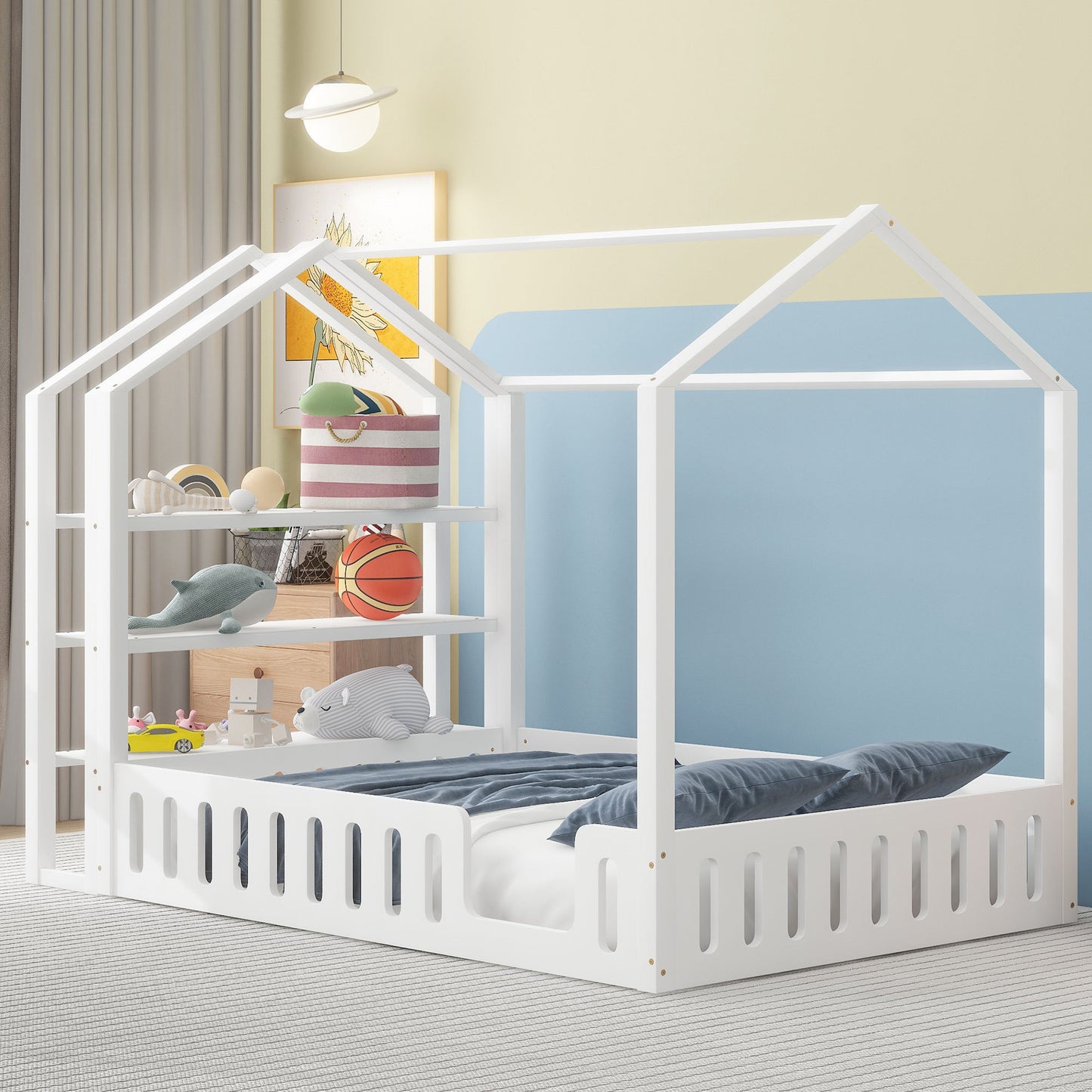 Full Size Wood House Bed with Fence and Detachable Storage Shelves, White(Expected Arrival Time: 1.7)