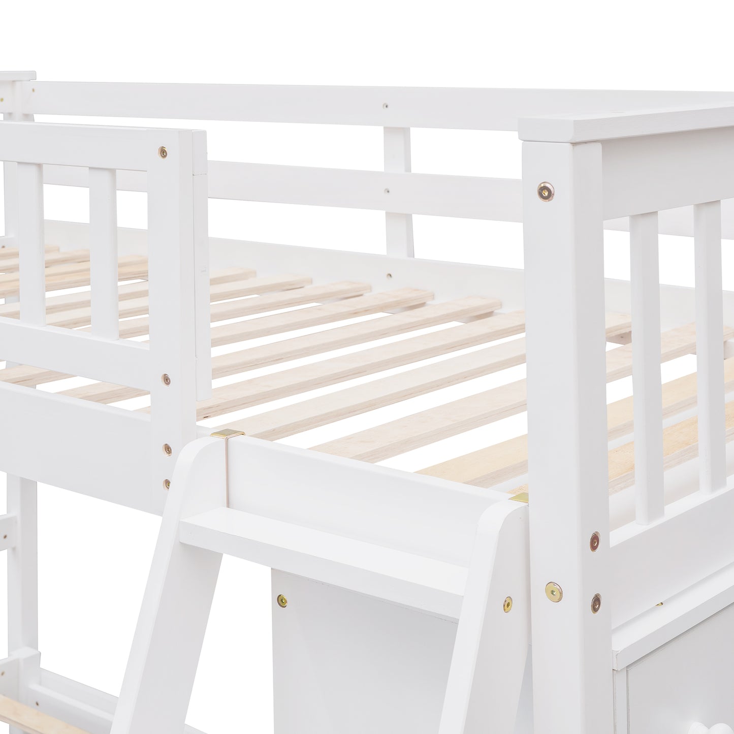 White Wooden Bunk Bed with Storage Drawers and Flexible Shelves, Twin Over Full Size Bed on Wheels