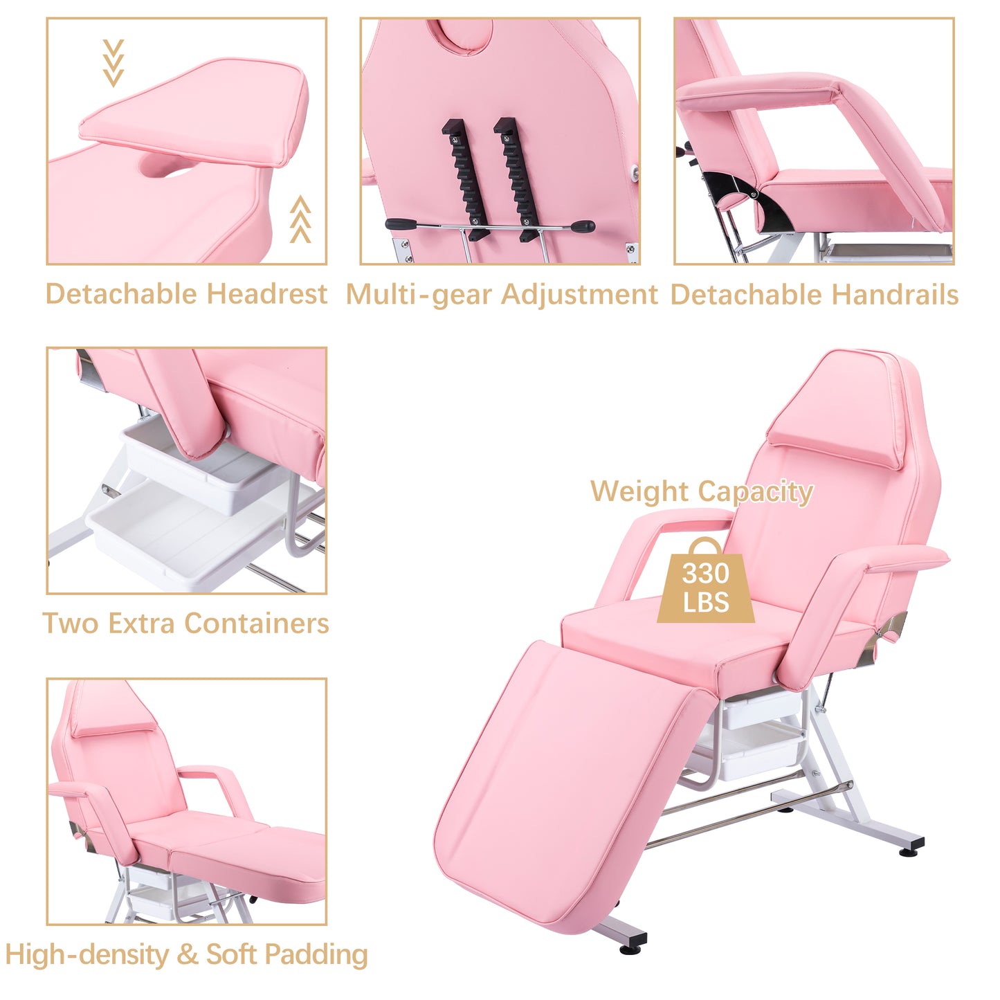 Massage Salon Tattoo Chair  with Two Trays Esthetician Bed with Hydraulic Stool,Multi-Purpose 3-Section Facial Bed Table, Adjustable Beauty Barber Spa Beauty Equipment, Pink