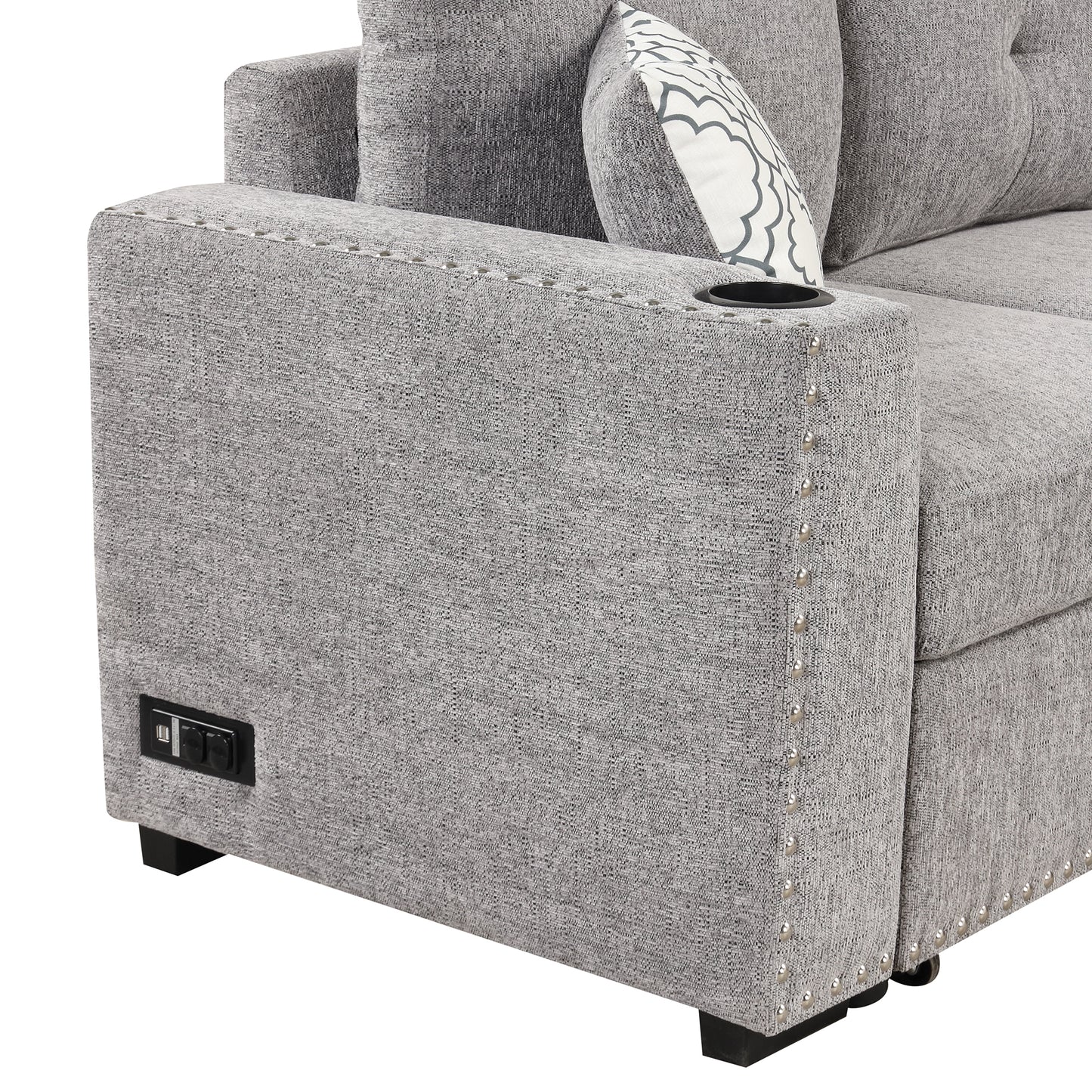 Convertible L-Shaped Sectional Sleeper Sofa with Storage Chaise and Charging Ports in Light Gray