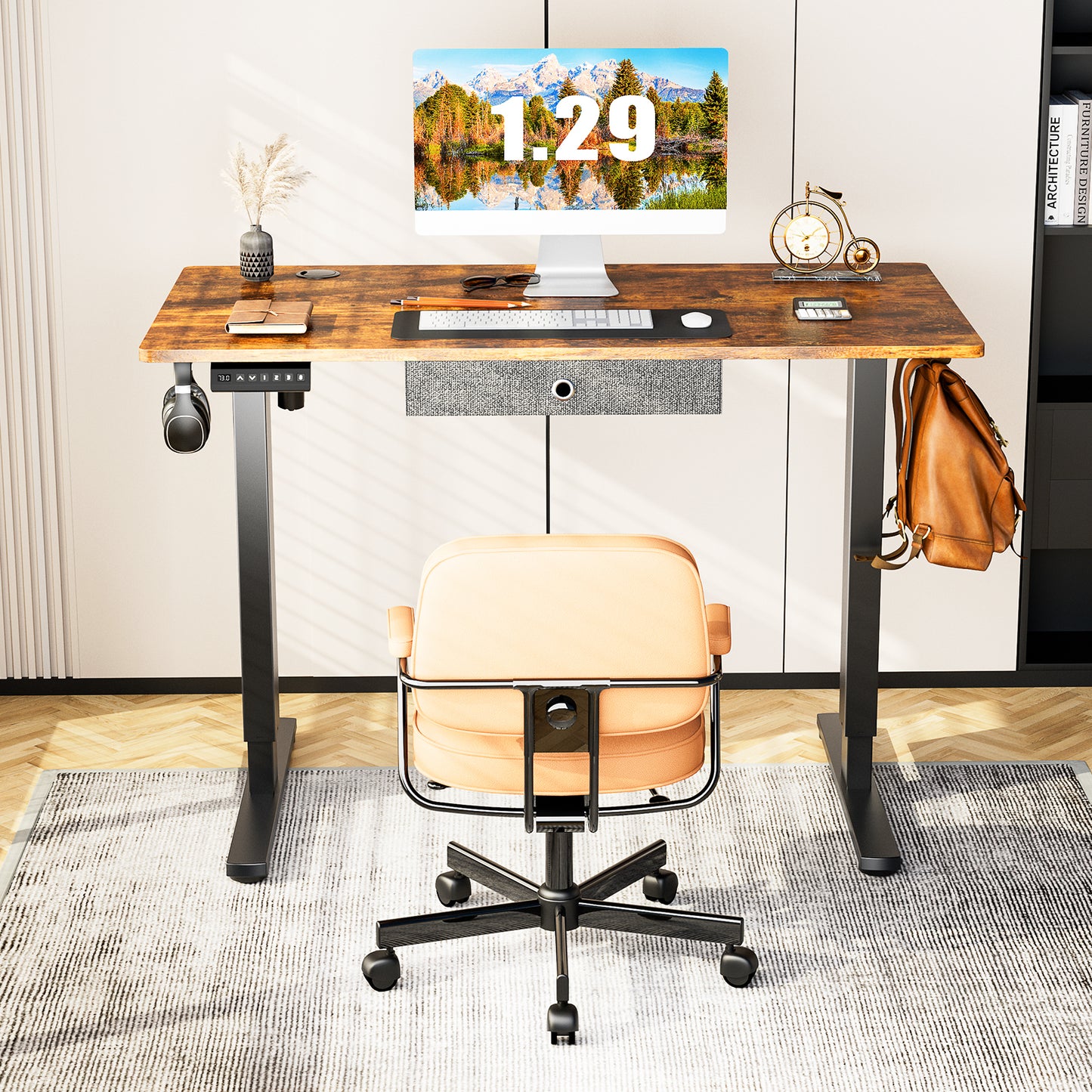 Rustic Brown Electric Standing Desk with Spacious Drawer and Memory Height Presets, 48 x 24 Inches