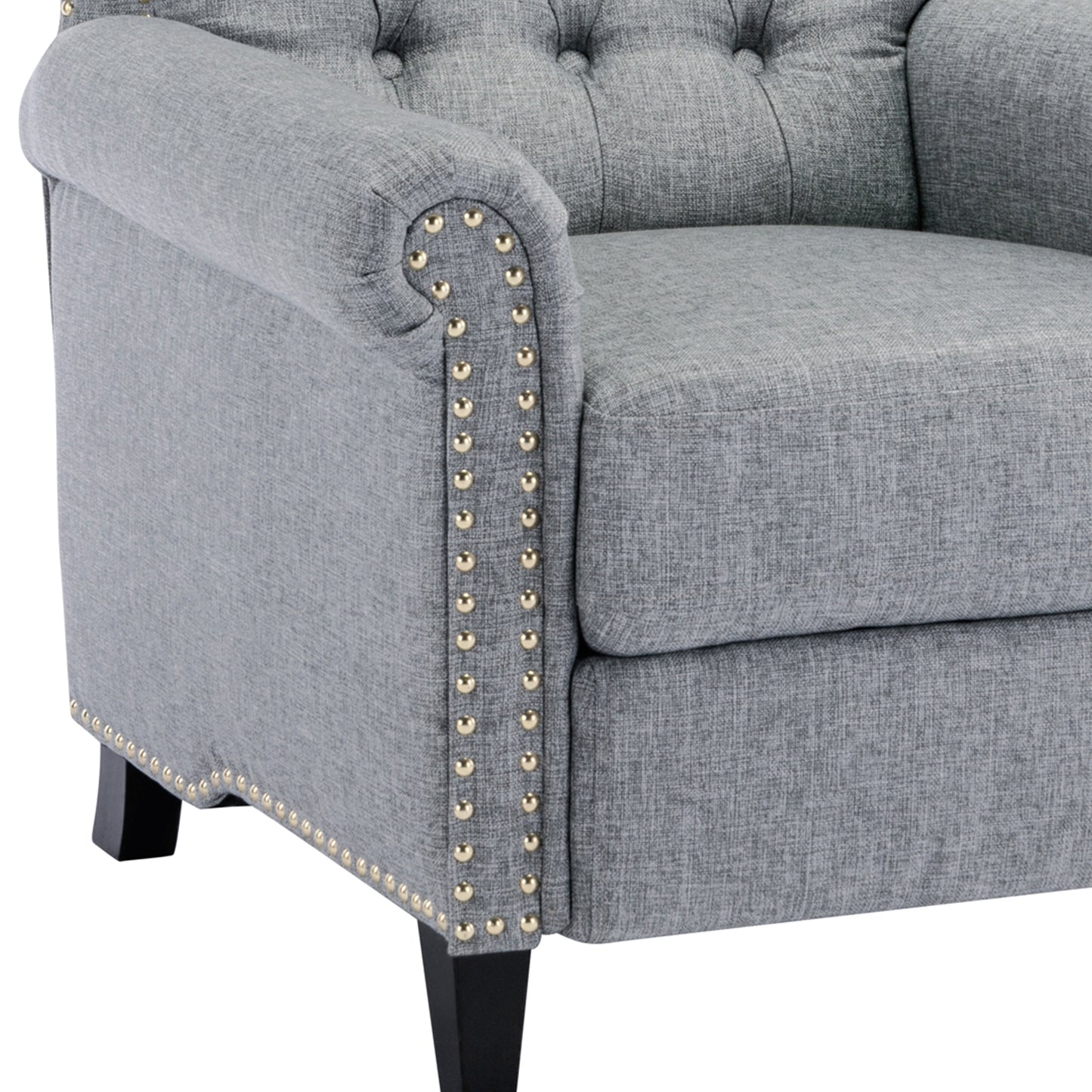 Elegant Gray Linen Recliner Sofa with Tufted Back and Nailheads Roll Arm