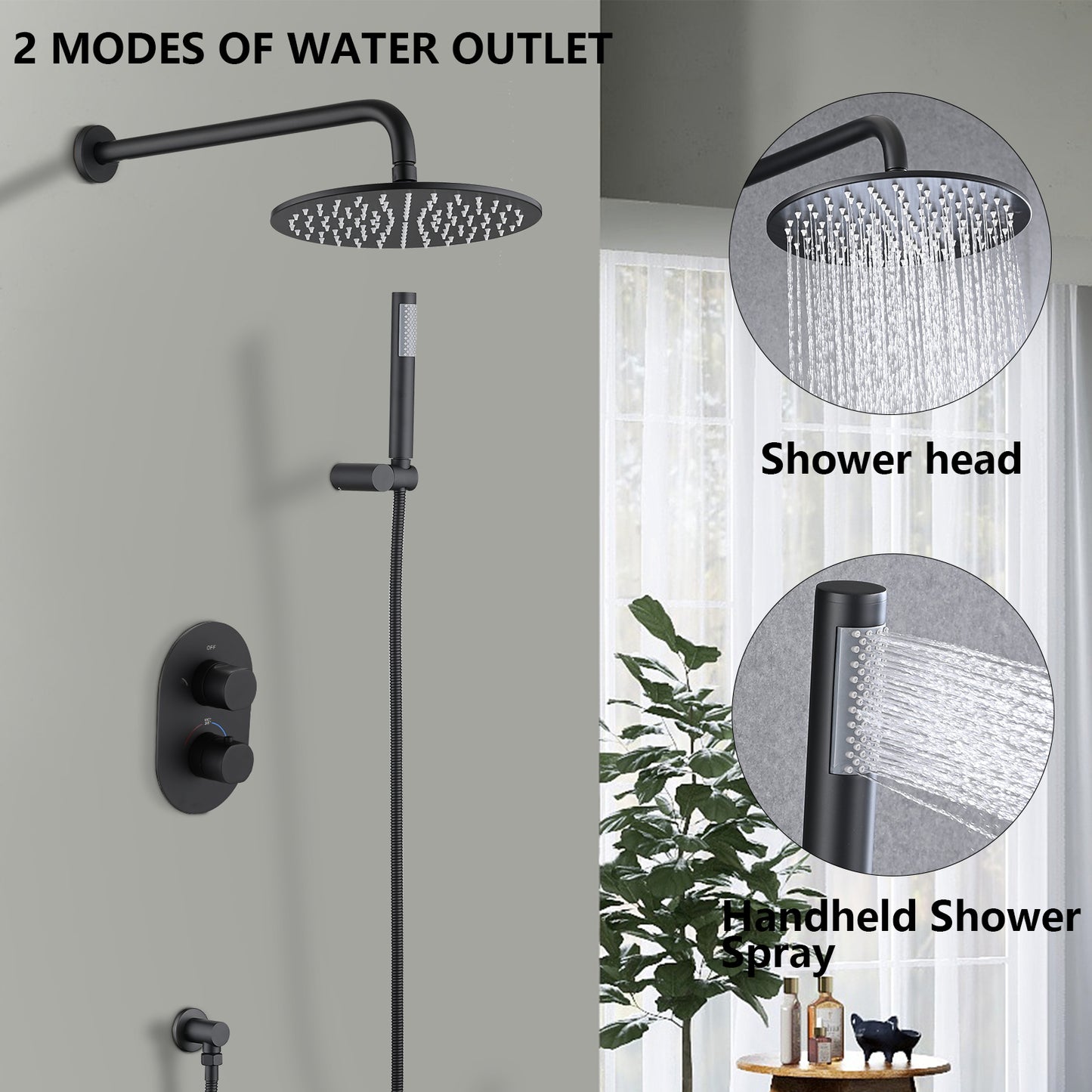 Matte Black Thermostatic Rainfall Shower System with Handheld Shower