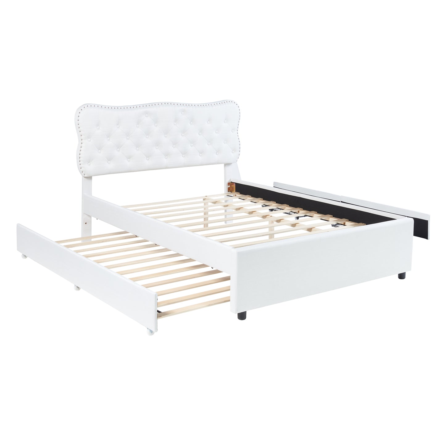 Full Size Upholstery Platform Bed with Storage Drawers and Trundle,White