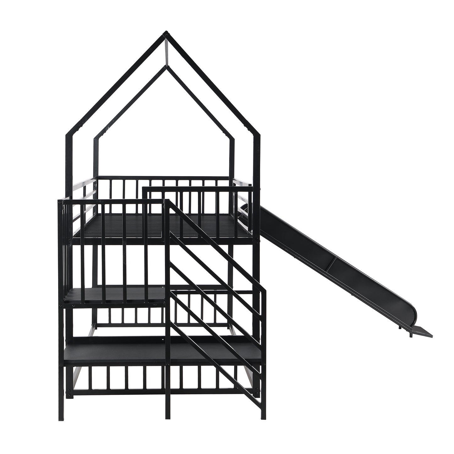 Kids Black Metal Twin Bunk Bed House with Slide and Storage Staircase