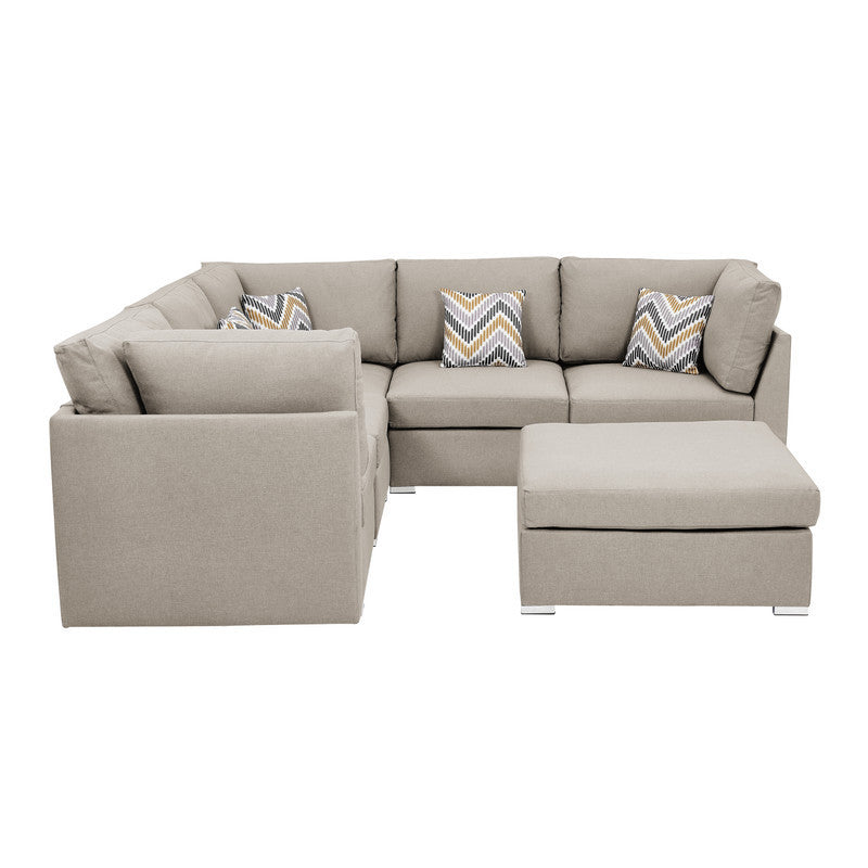 Beige Fabric Reversible Sectional Sofa Set with Ottoman and Accent Pillows