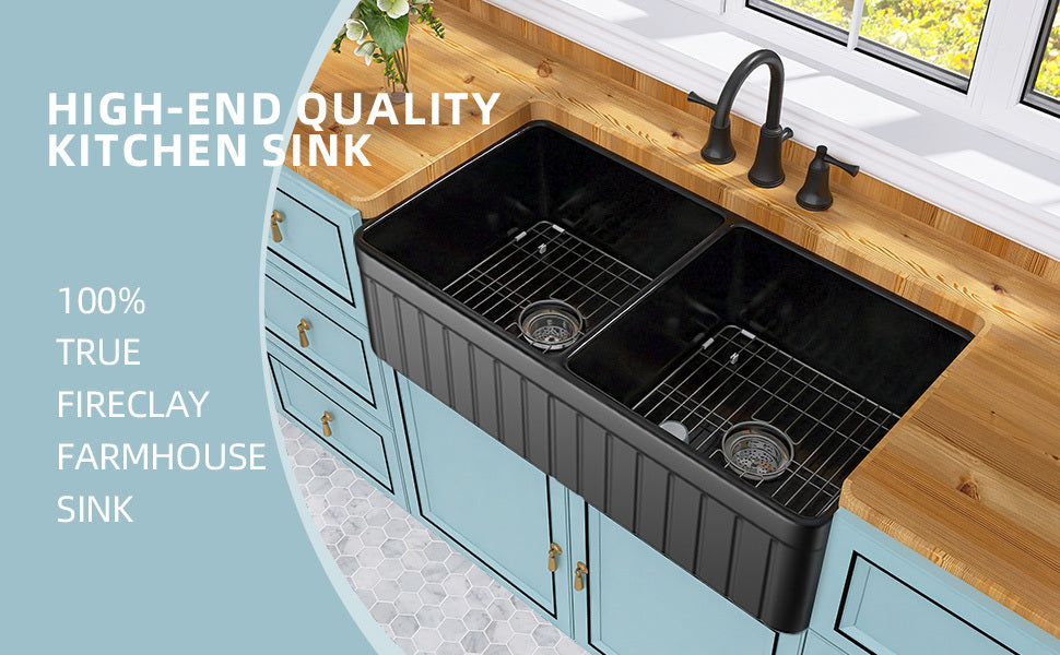 Black Double Bowl Fireclay Farmhouse Kitchen Sink