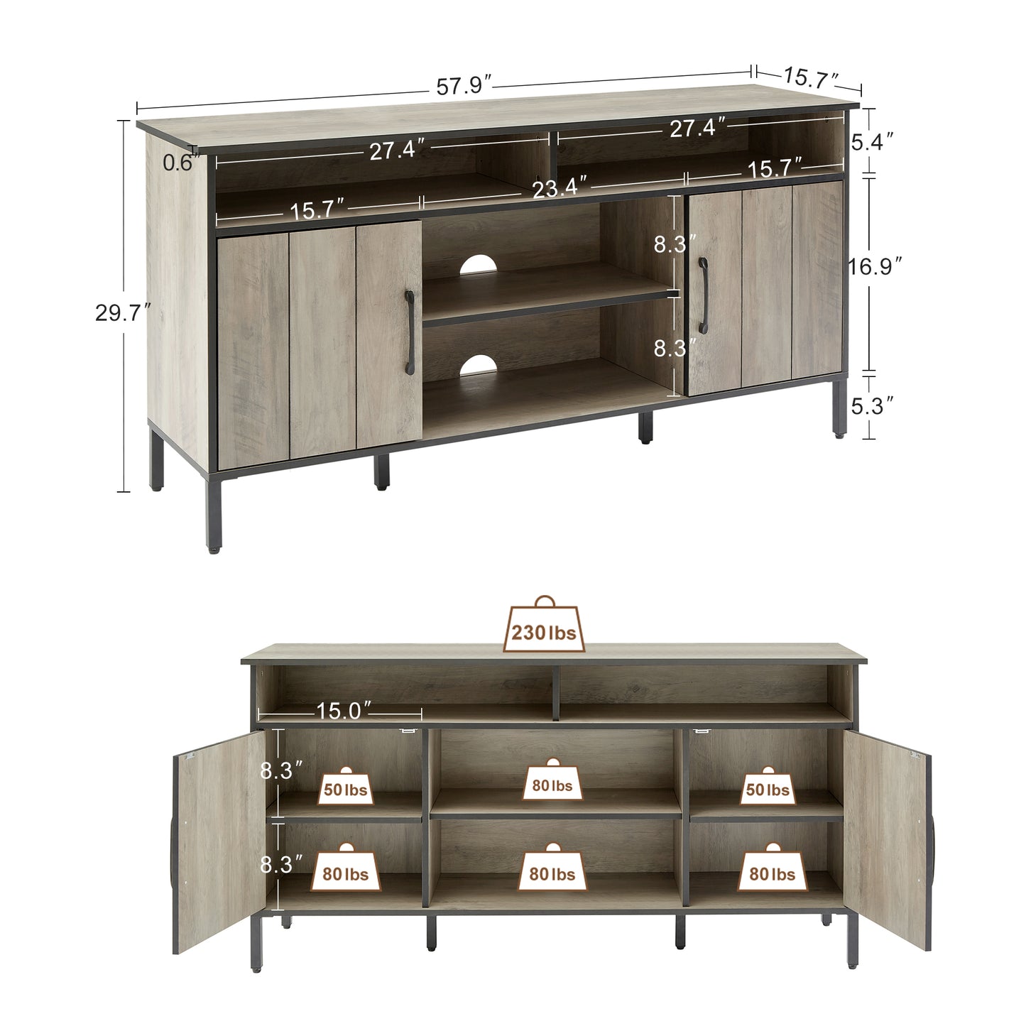 58-Inch Rustic Gray TV Stand and Media Entertainment Center Console with Ample Storage and Adjustable Dividers