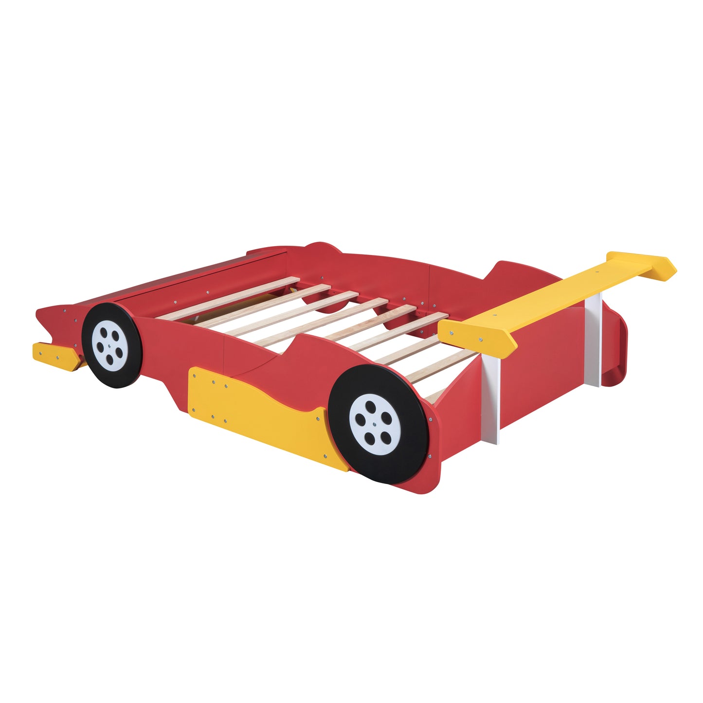 Full Size Race Car-Shaped Platform Bed with Wheels,Red