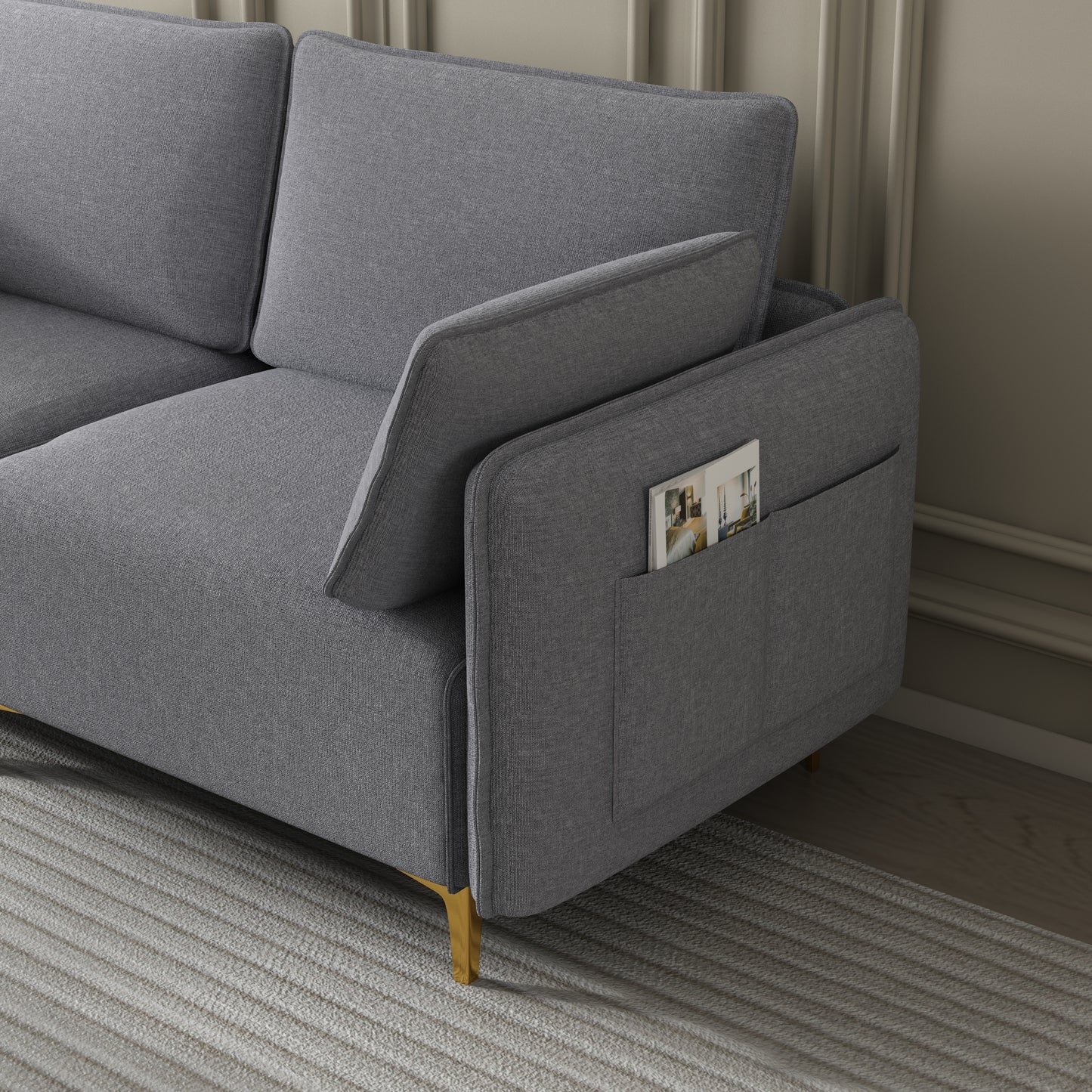 L Shape Sectional Sofa with USB Grey Fabric