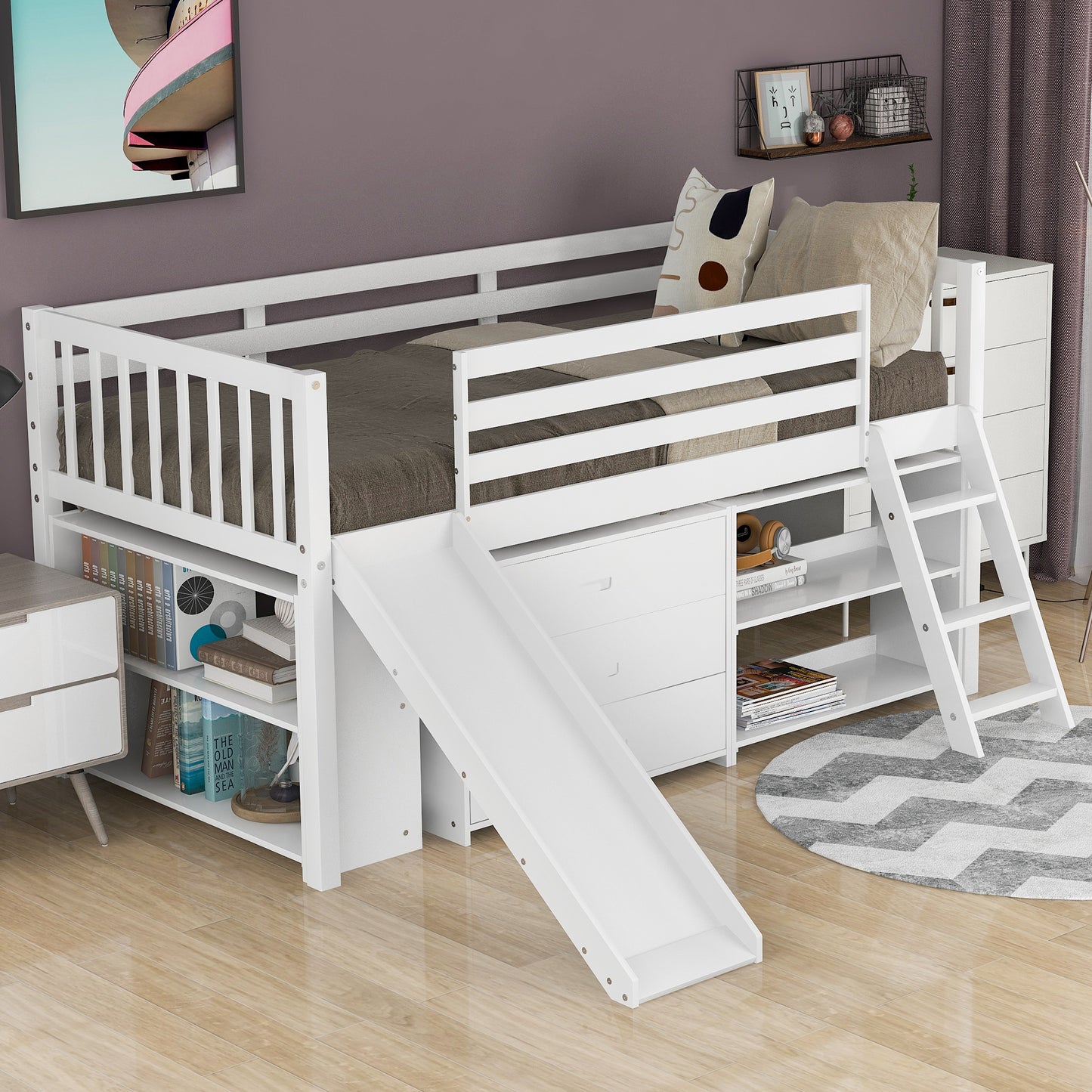 Low Loft Bed with Attached Bookcases and Separate 3-tier Drawers,Convertible Ladder and Slide,Twin,White