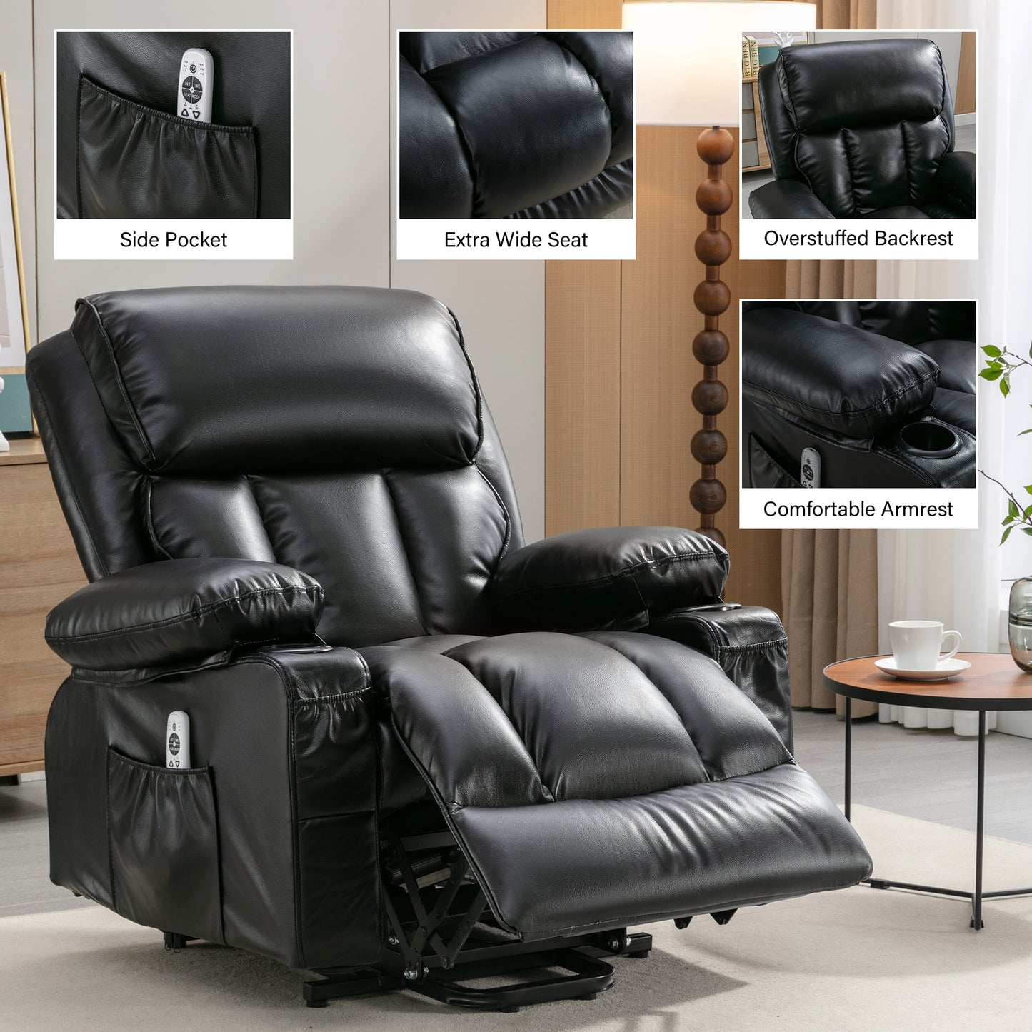 Comfort Plus Elderly Power Lift Recliner Chair with Heat, Massage, and Infinite Position - Black