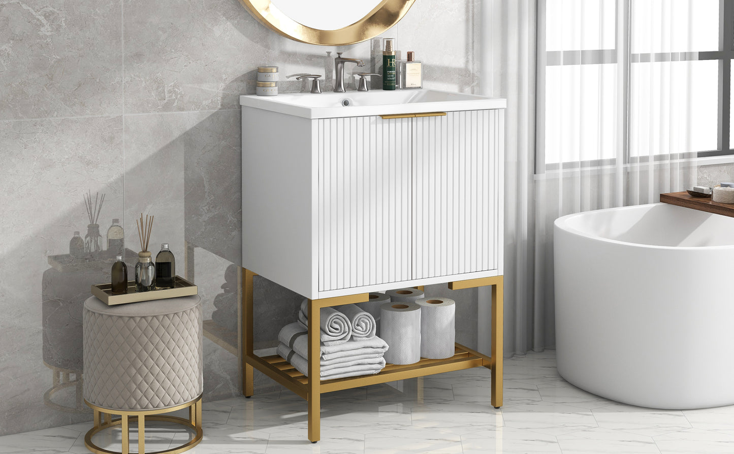 24" Bathroom Vanity with Sink, Bathroom Vanity Cabinet with Two Doors and Gold Metal Frame, Open Storage Shelf, White