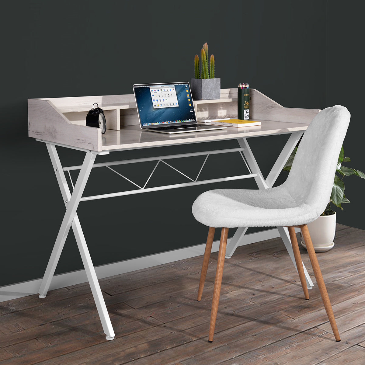 43.3 Inch Multi-Functional Mid Century Computer Desk with Storage - Beige & White