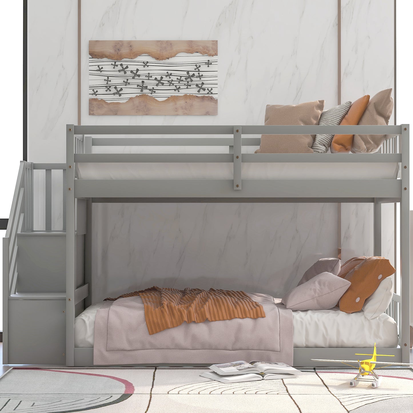 Gray Twin Bunk Bed with Built-in Storage Ladder for Kids