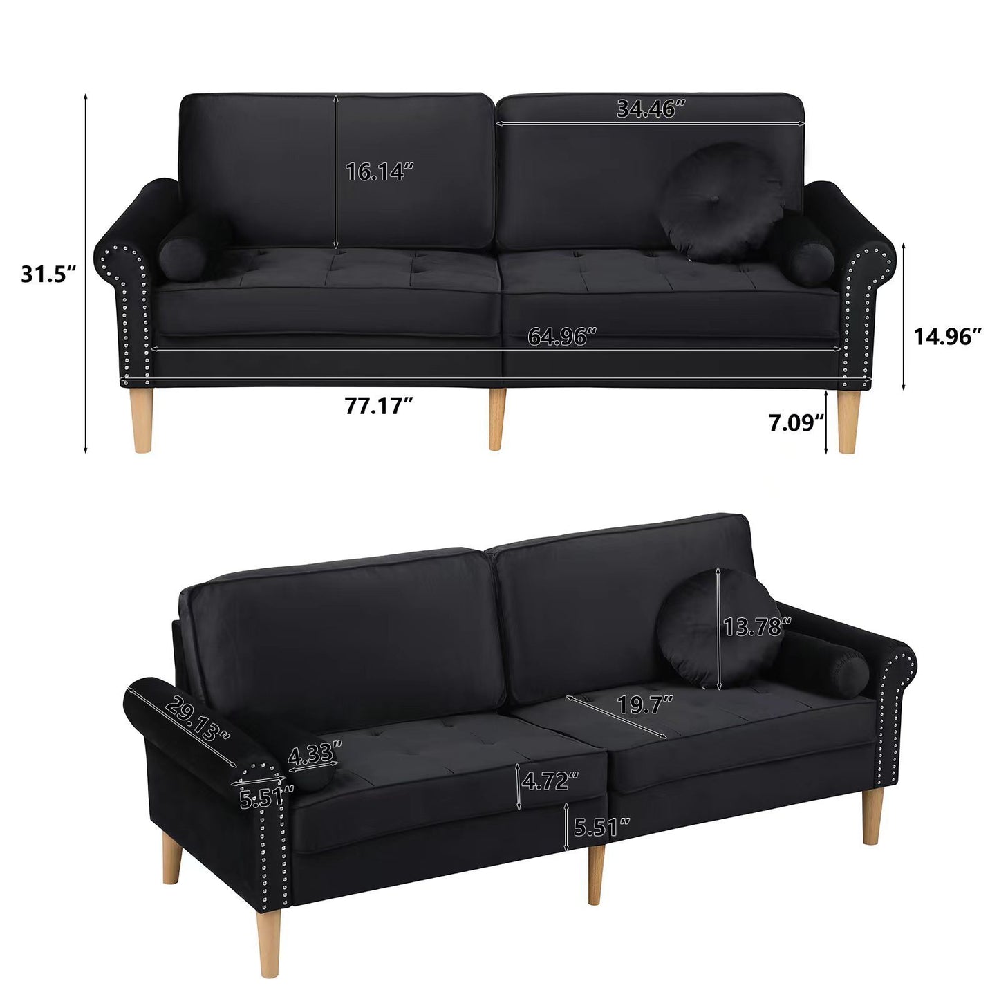 Living Room Sofa,3-Seater Sofa , with  Copper Nail on Arms ,Three Pillow,Black