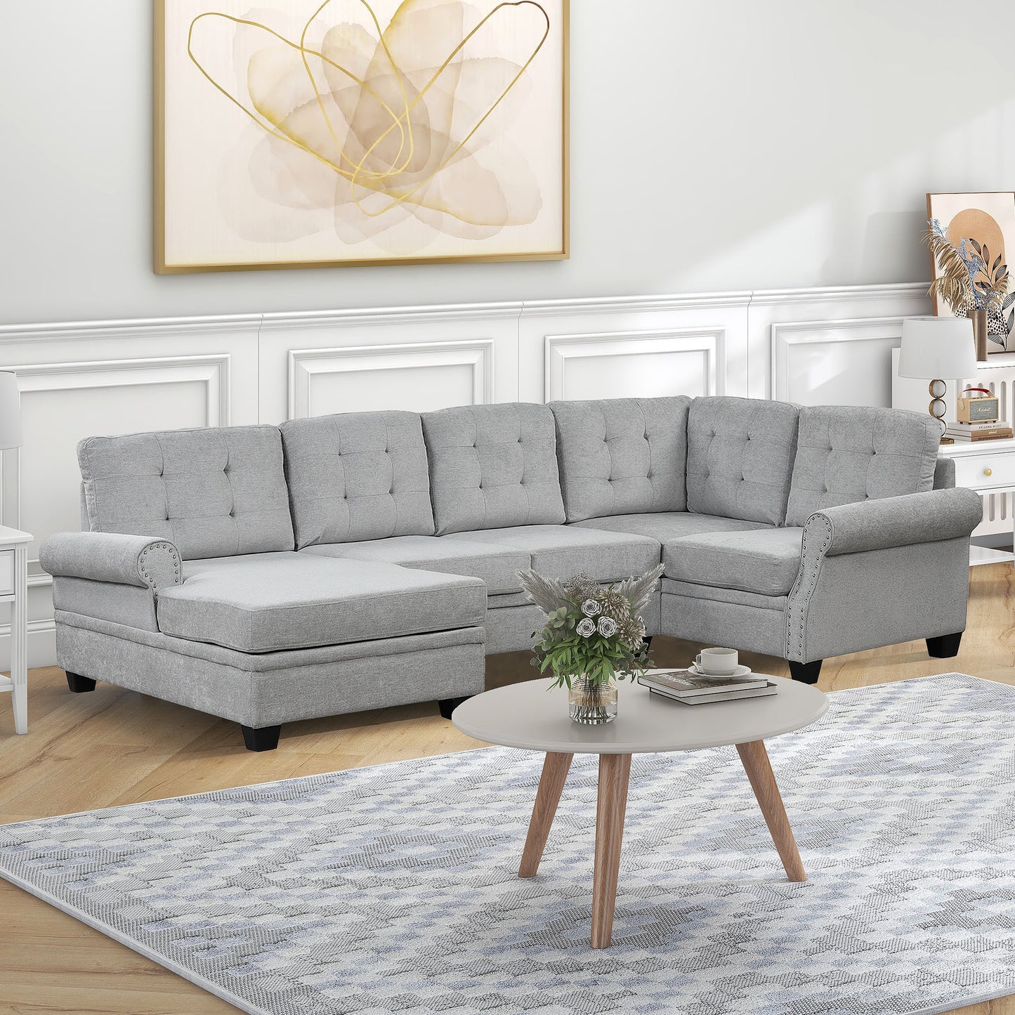 Luxe Gray U-Shaped Sectional Sofa with Tufted Backrest and Plush Comfort