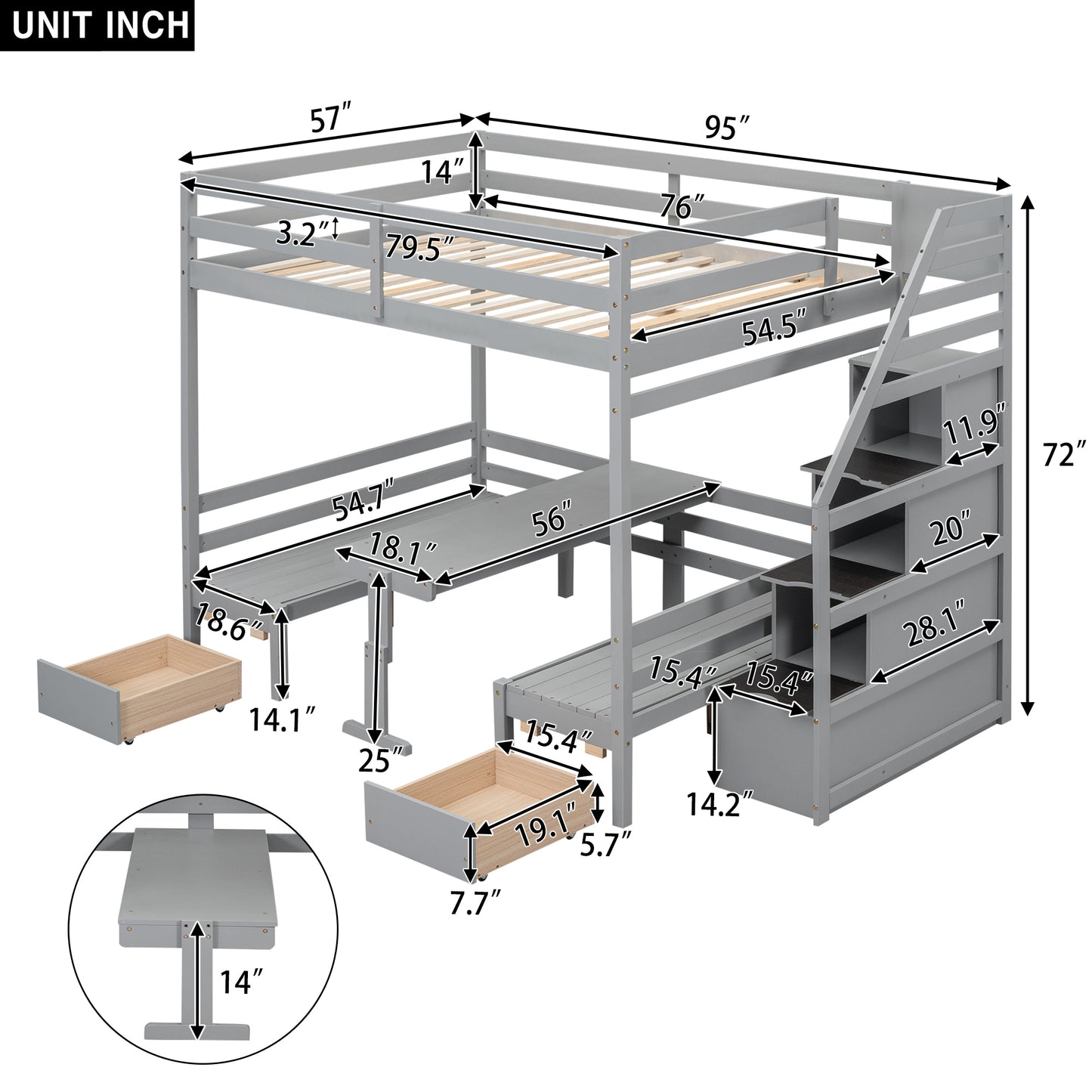 Full over Full Size Bunk with staircase,the Down Bed can be Convertible to Seats and Table Set,Gray