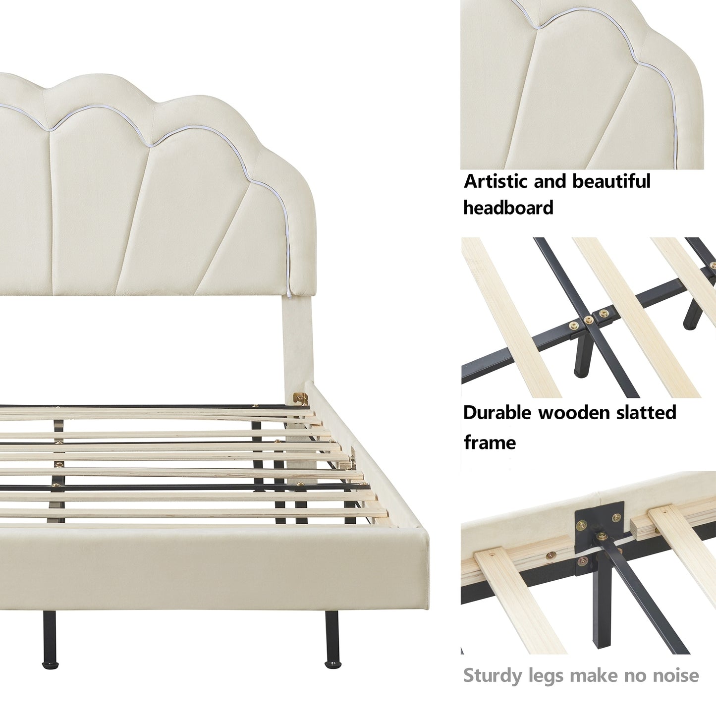 Queen Upholstered Smart LED Bed Frame with Elegant Flowers Headboard,Floating Velvet Platform LED Bed with Wooden Slats Support,Beige