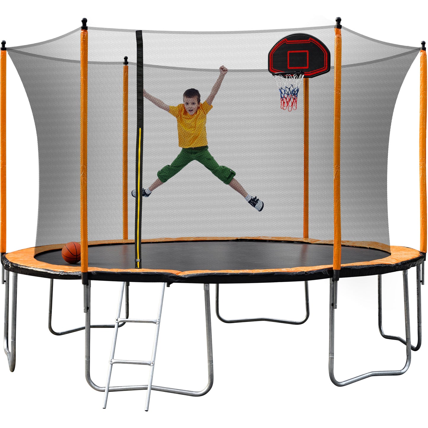 15FT Trampoline with Basketball Hoop Inflator and Ladder(Inner Safety Enclosure) Orange