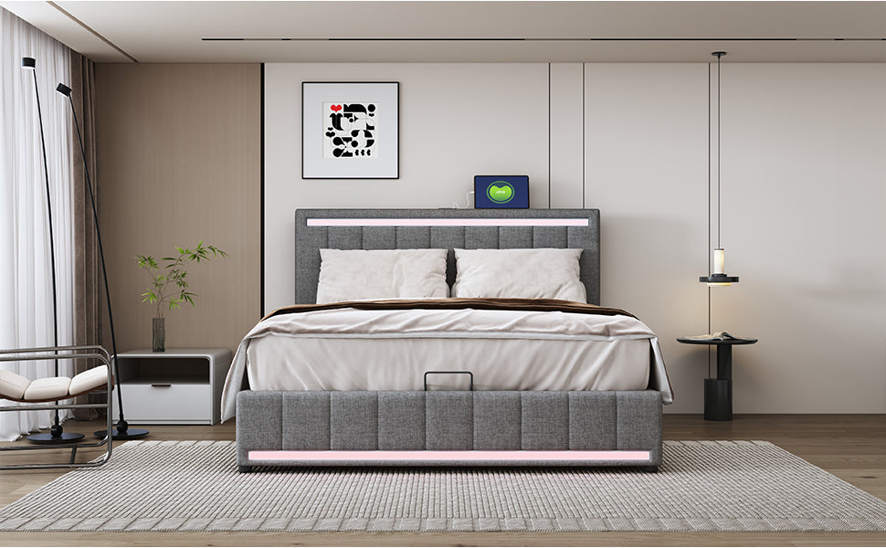 Full Size Upholstered Platform Bed with Hydraulic Storage System, LED Light, and a set of USB Ports and Sockets, Linen Fabric, Gray