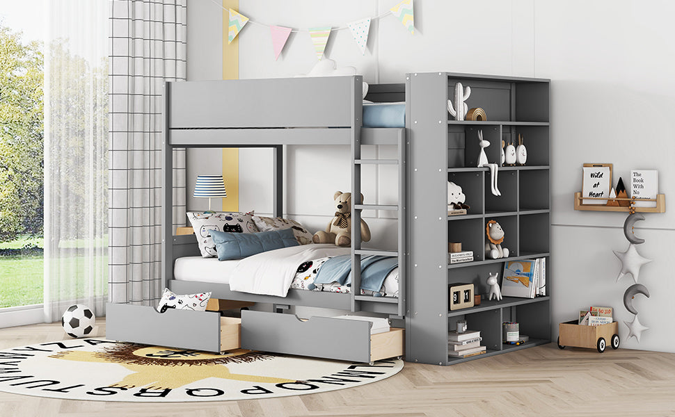 Versatile Gray Twin Bunk Bed with Storage Drawers and Multi-Layer Cabinet