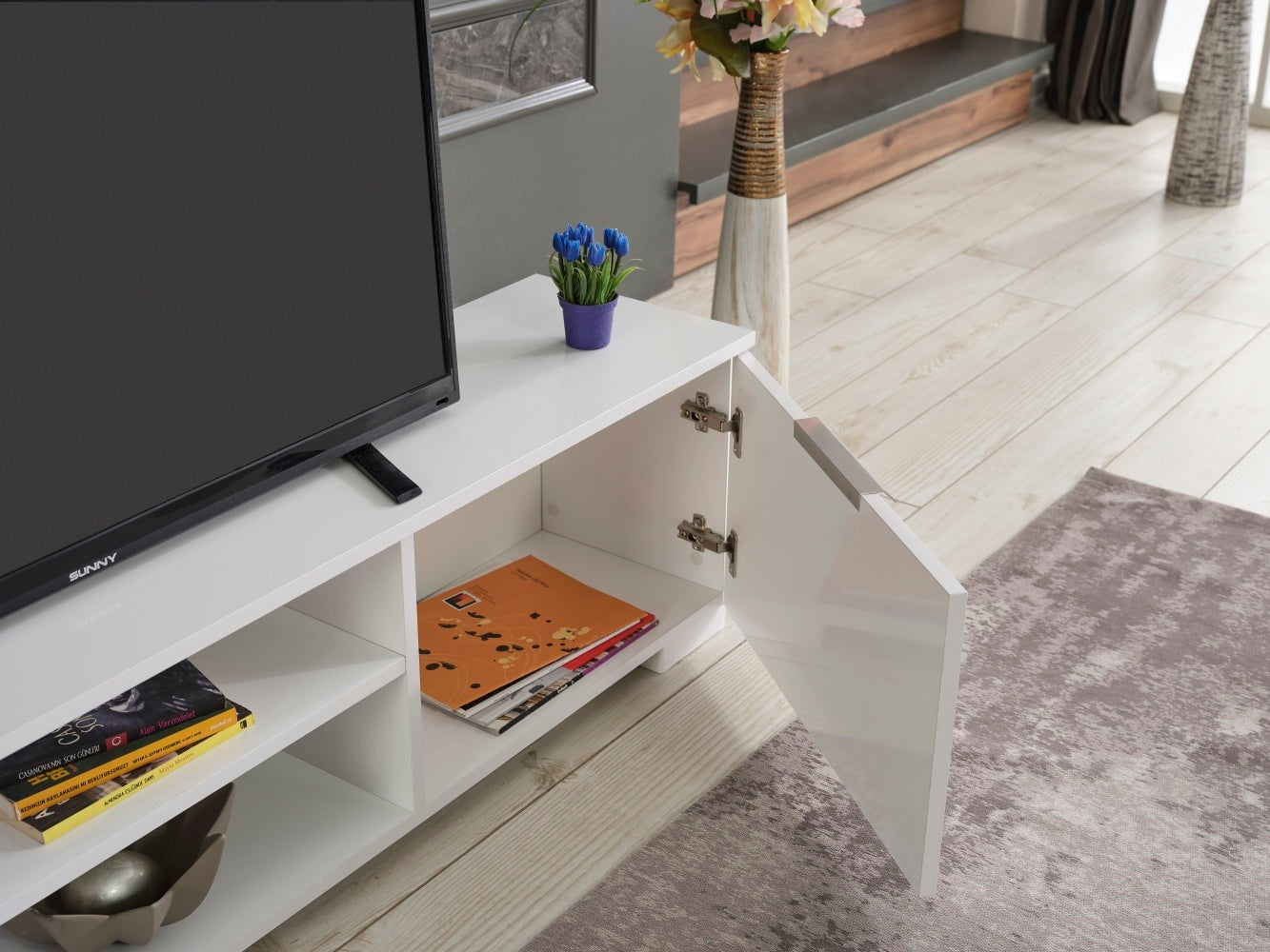 April Mid Century Modern TV Stand with 2 Door Cabinets and 2 Shelves - White 66 inch TV Unit