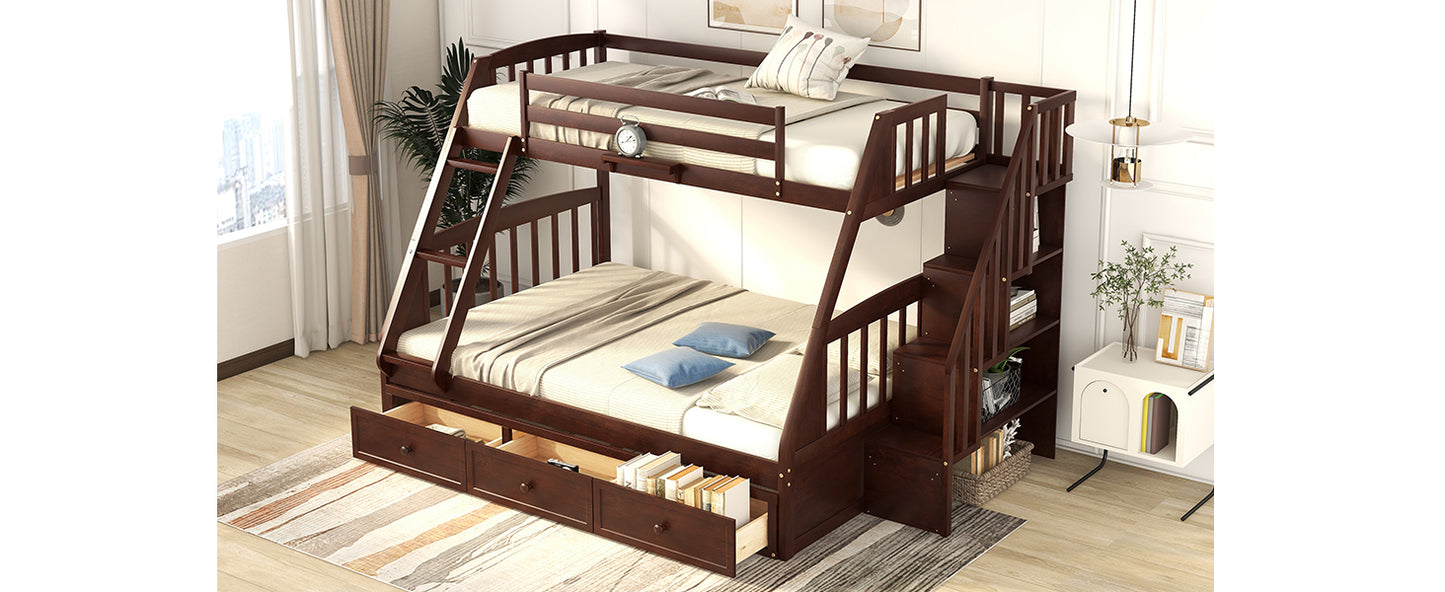 Espresso Twin-Over-Full Bunk Bed with Storage Stairs and Drawers - Versatile Family Sleeping Solution