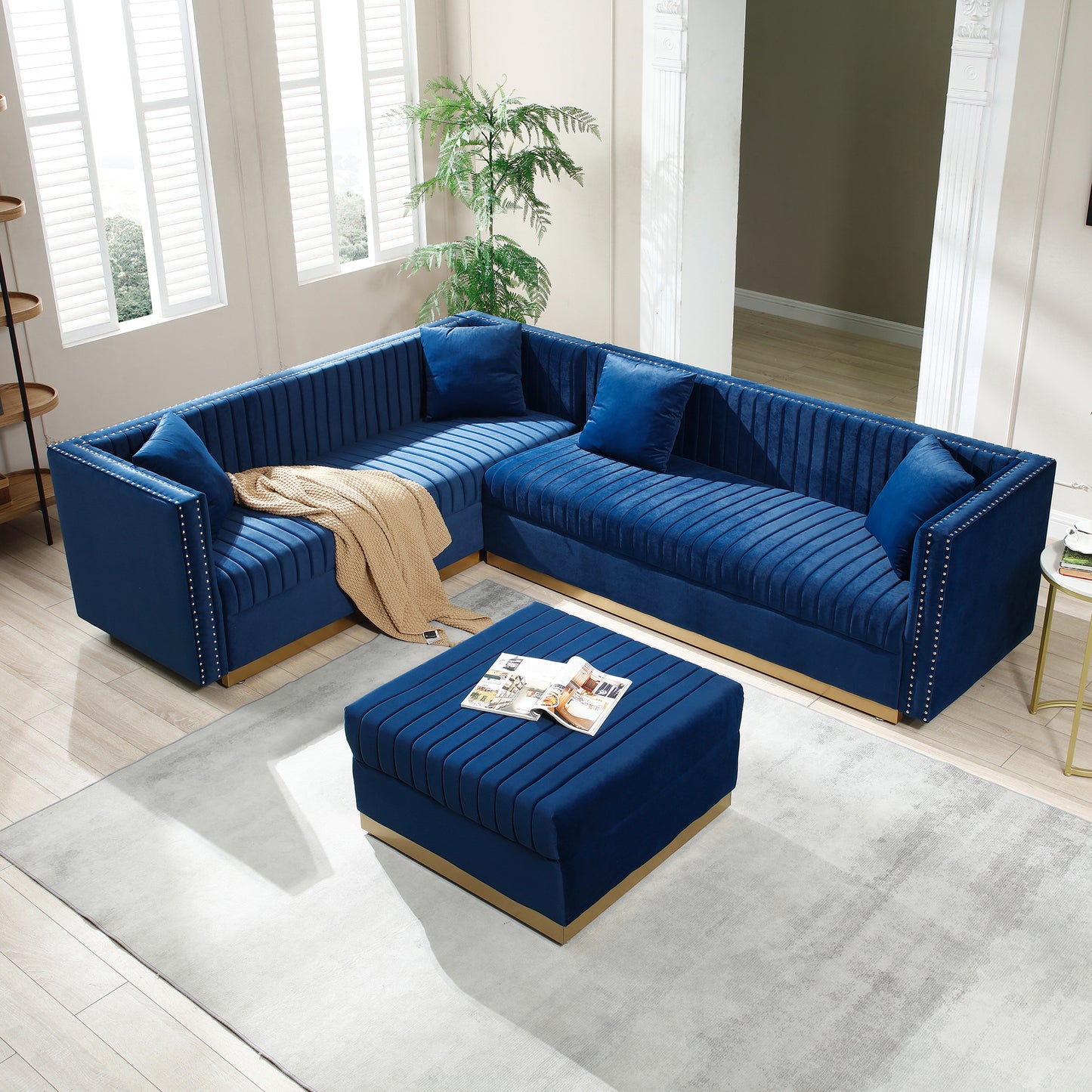 Blue Velvet L-shaped Sectional Sofa with Ottoman and 4 Pillows for Modern Living Rooms