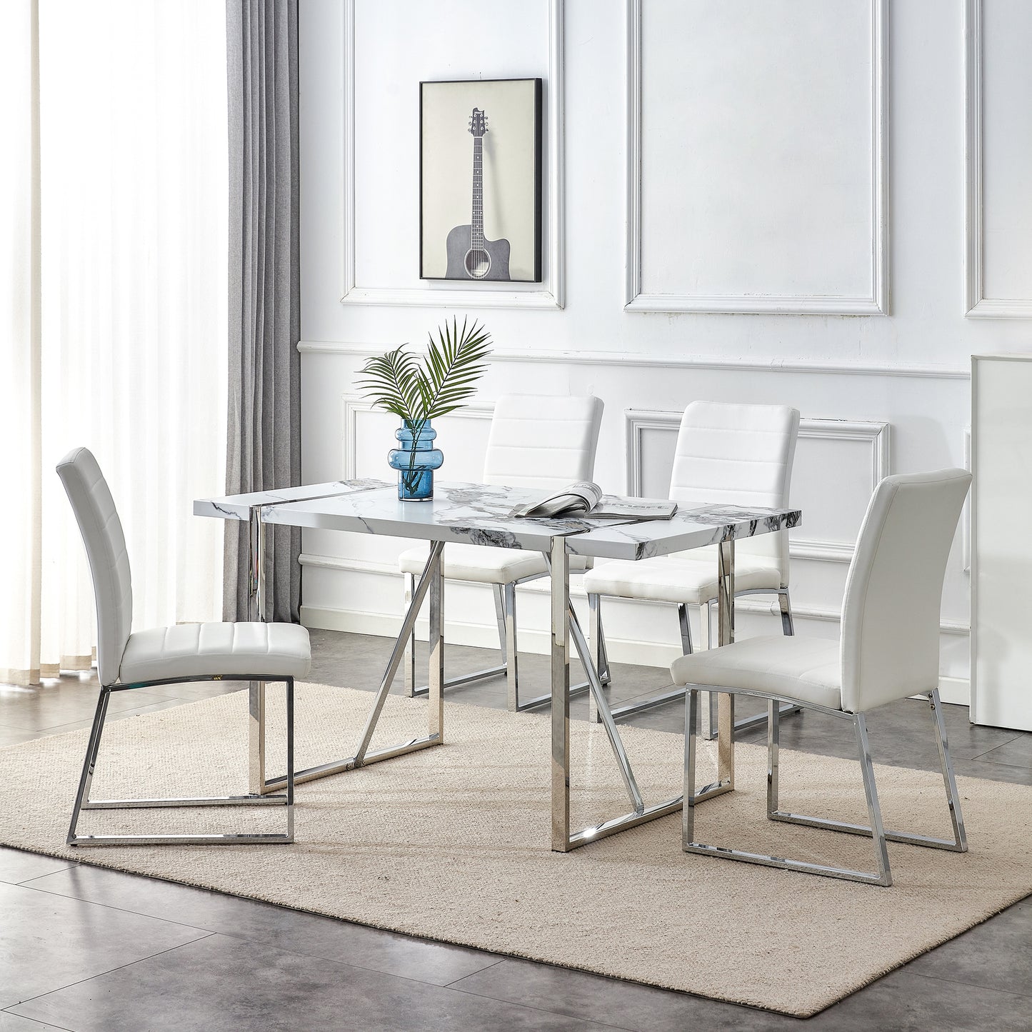 5-piece Dining Table Chairs Set, Rectangular Dining Room Table Set for 4, Faux Marble Modern Dining Table and Faux Leather Chairs for Kitchen Dining Room, White