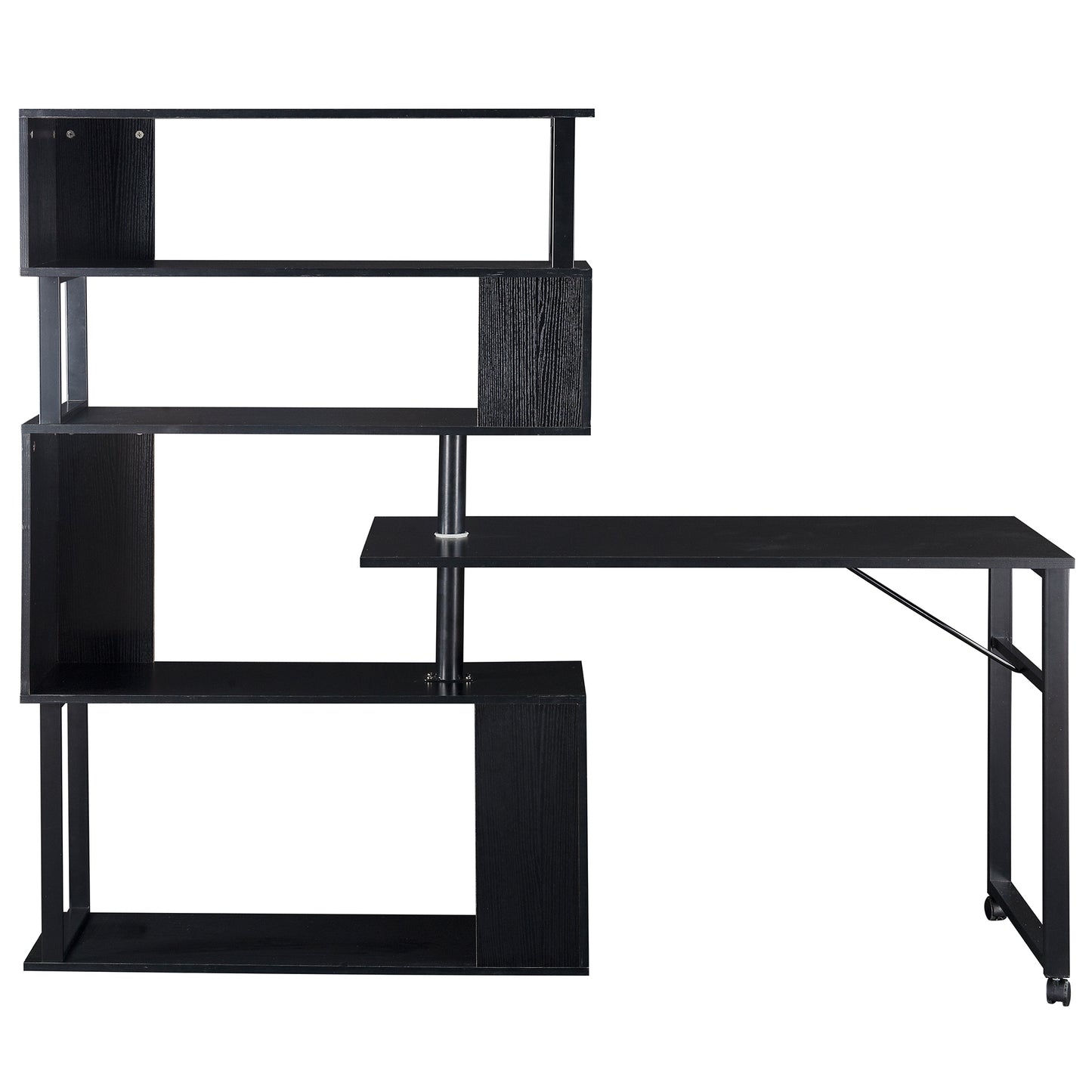 Modern L-Shaped Home Office Desk with Rotating Bookshelf and Lockable Casters