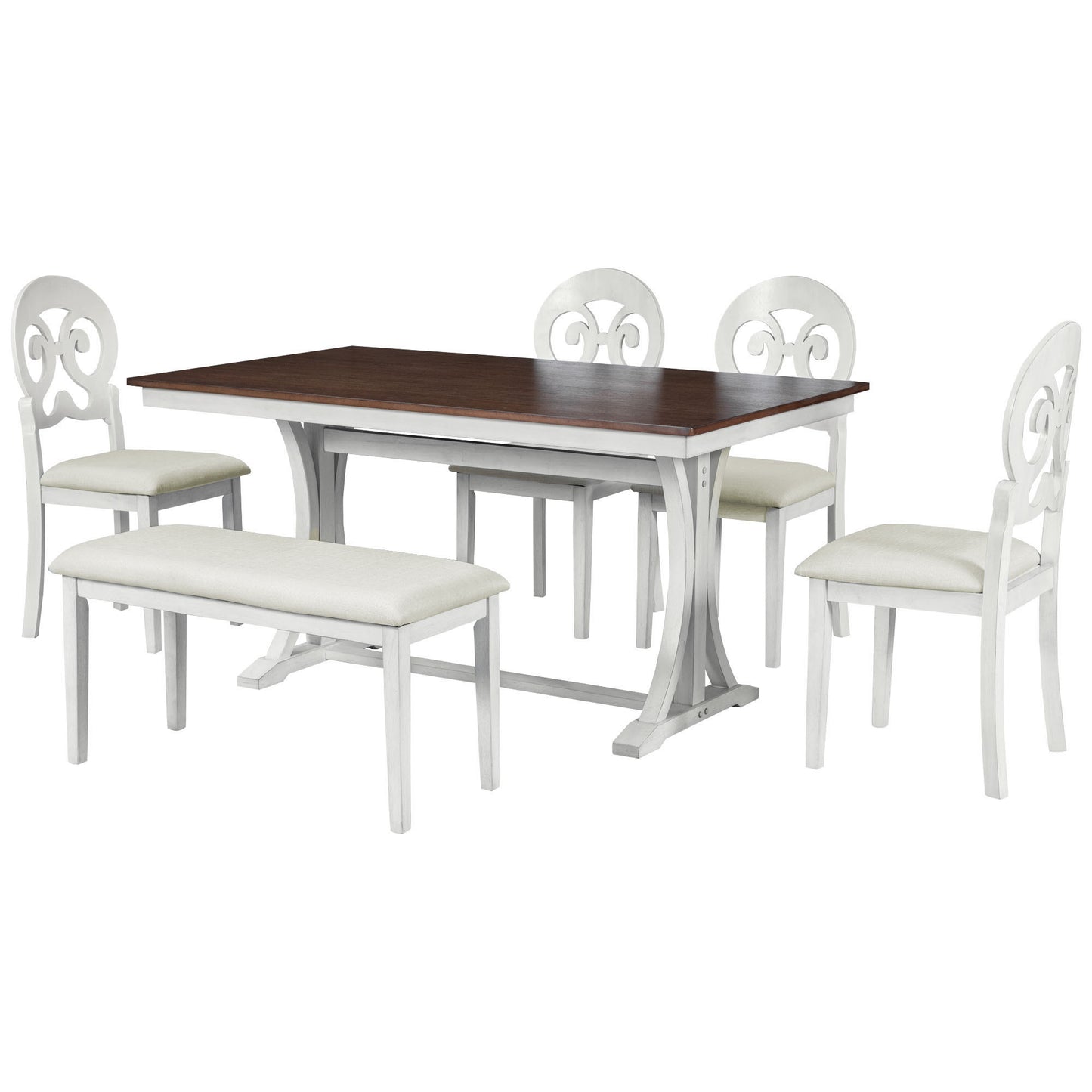 Mid-Century 6-Piece Trestle Table Set with Victorian Round Upholstered Dining Chairs and Long Bench, Cherry+Antique White