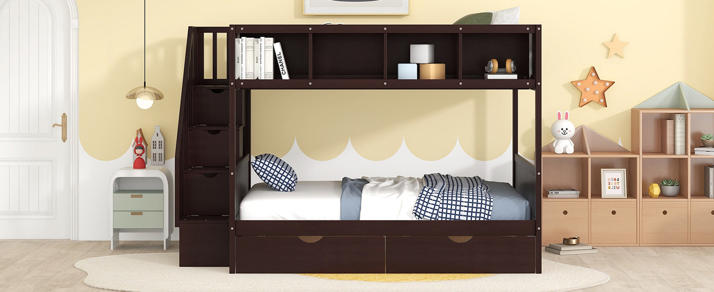 Espresso Finish Twin over Full Bunk Bed with Storage Staircase, Shelves, and 2 Drawers