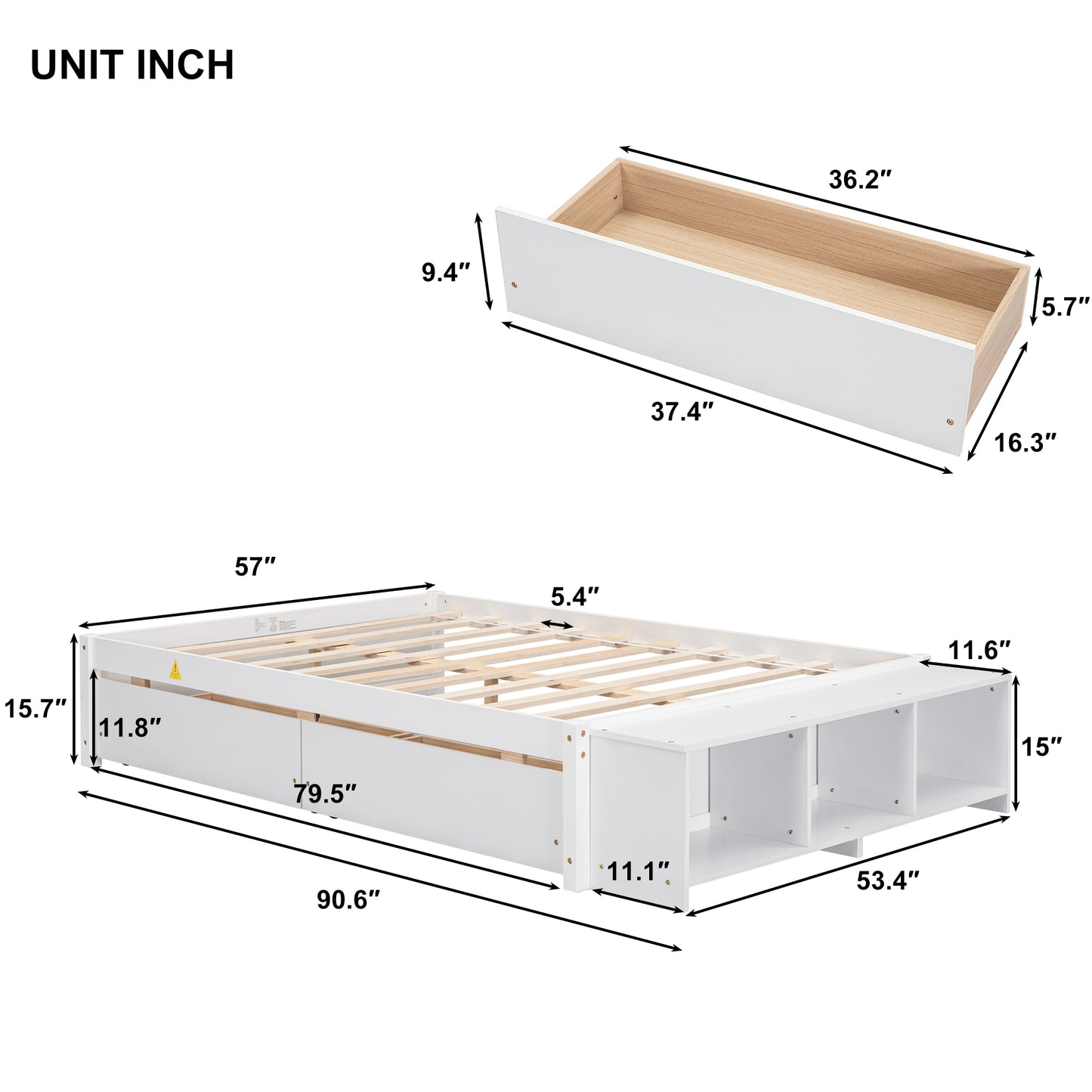 Full Size Bed with Storage Case, 2 Storage drawers, Lengthwise Support Slat,White