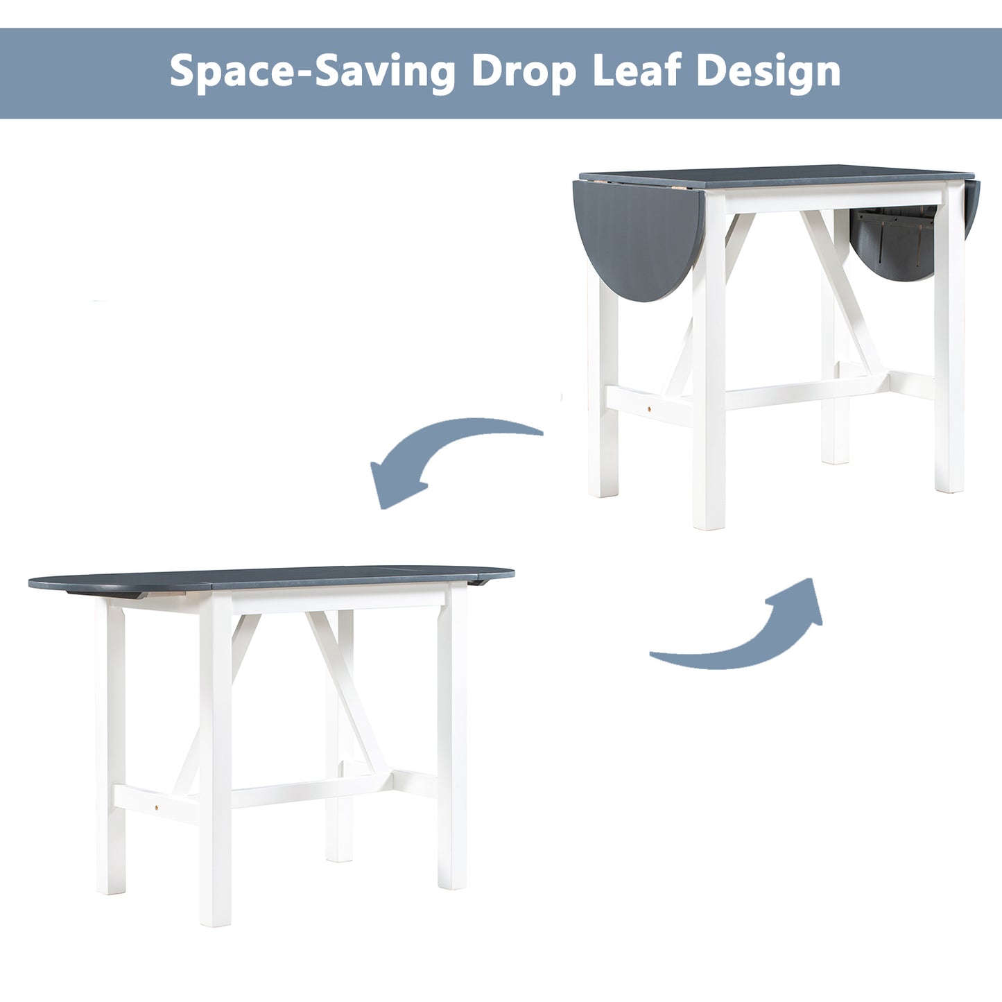 3-Piece Wood Counter Height Drop Leaf  Dining Table Set with 2 Upholstered Dining Chairs for Small Place, White+Gray