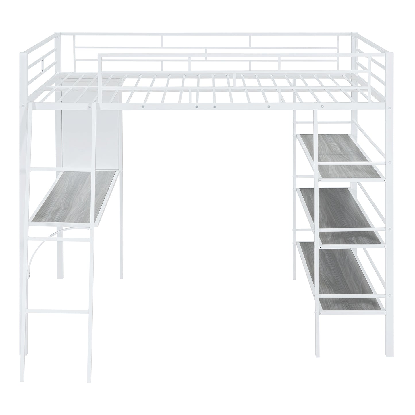 Full Size Loft Metal Bed with 3 Layers of Shelves and Desk, Stylish Metal Frame Bed with Whiteboard, White