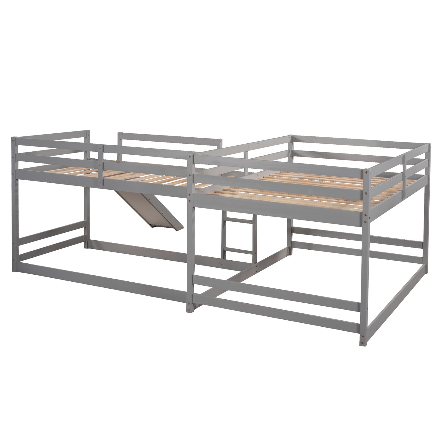 Gray L-Shaped Bunk Bed with Full and Twin Size, Slide, and Short Ladder