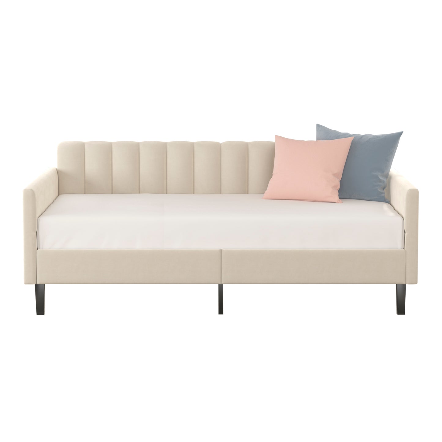 Elena Twin Size Beige Velvet Upholstered Daybed, Ribbed Tufted Backrest, Daybed in Lavish Modern Design, Richly Hued Foam Comfort