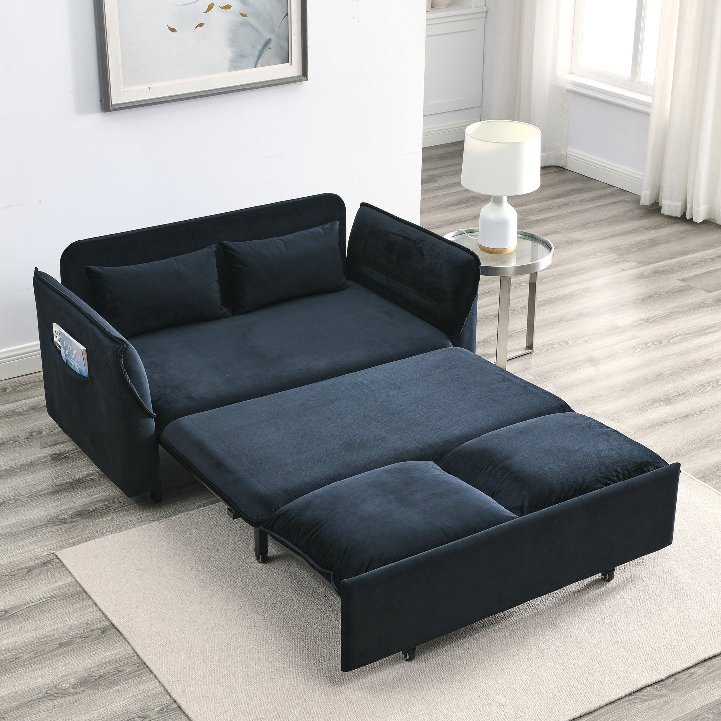 MH 57'' Modern Convertible Sofa Bed with 2 Detachable Arm Pockets, Velvet Loveseat Multi-position adjustable Sofa with Pull Out Bed with Bedhead, 2 Pillows and Living Room, Black