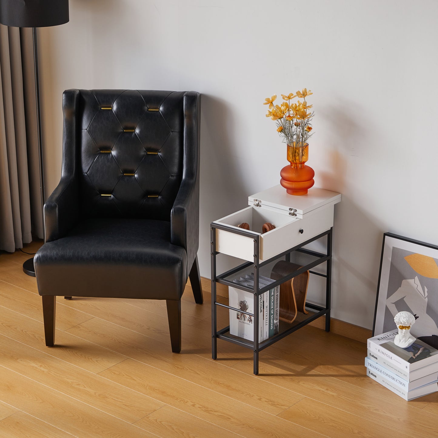 Sleek White End Table with Charging Station for Living Room and Bedroom