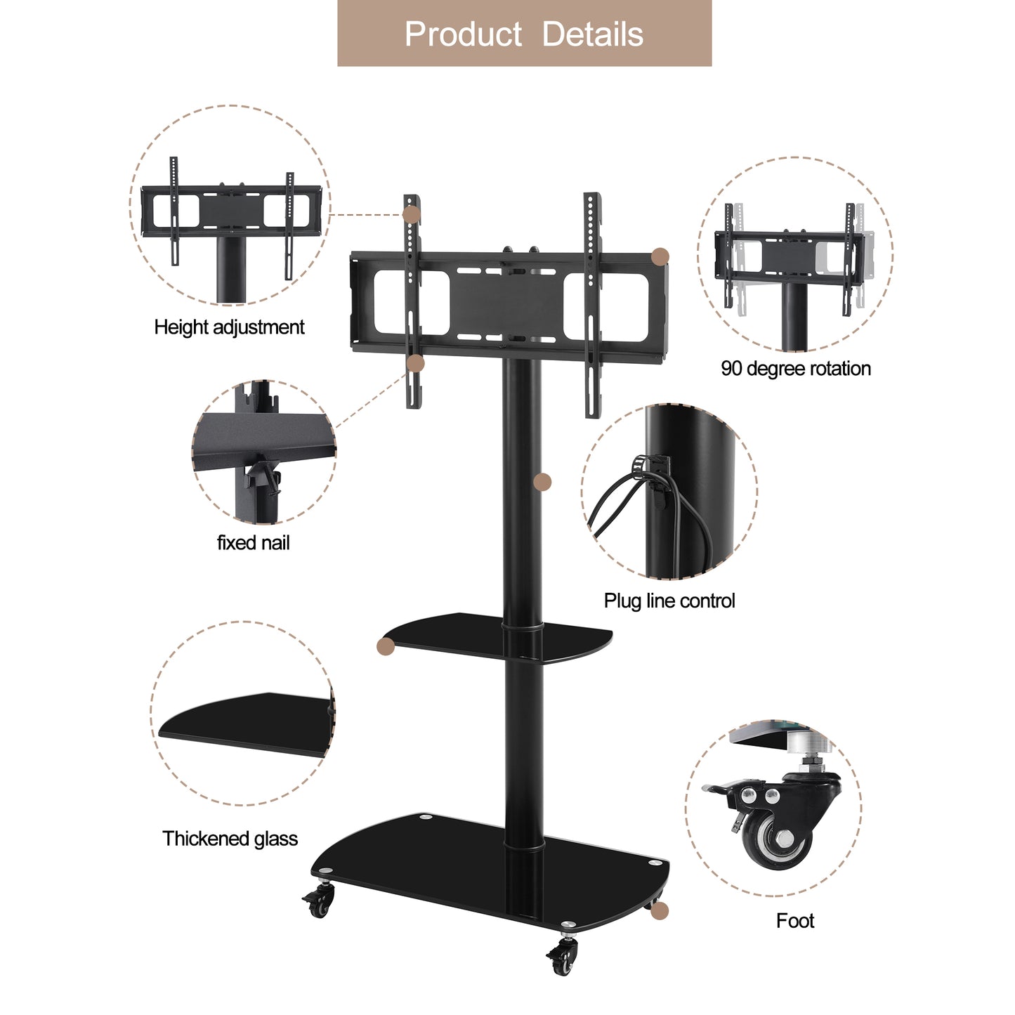 Adjustable Height and Swivel Mobile TV Stand with Tempered Glass Shelves