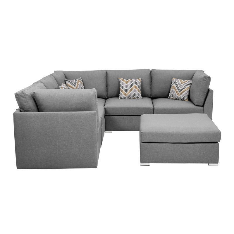 Gray Fabric Reversible Sectional Sofa Set with Ottoman and Pillows